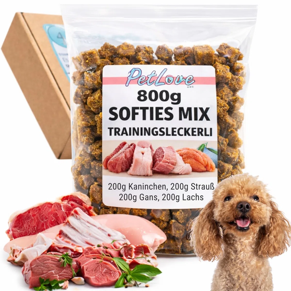 PetLove Softies de Carne para Perros • Premios para Perros sin Cereales • 63% Contenido de Carne • Premios caninos para Entrenamiento • Mix (Ganso, salmón, Conejo, Avestruz) 24x200g