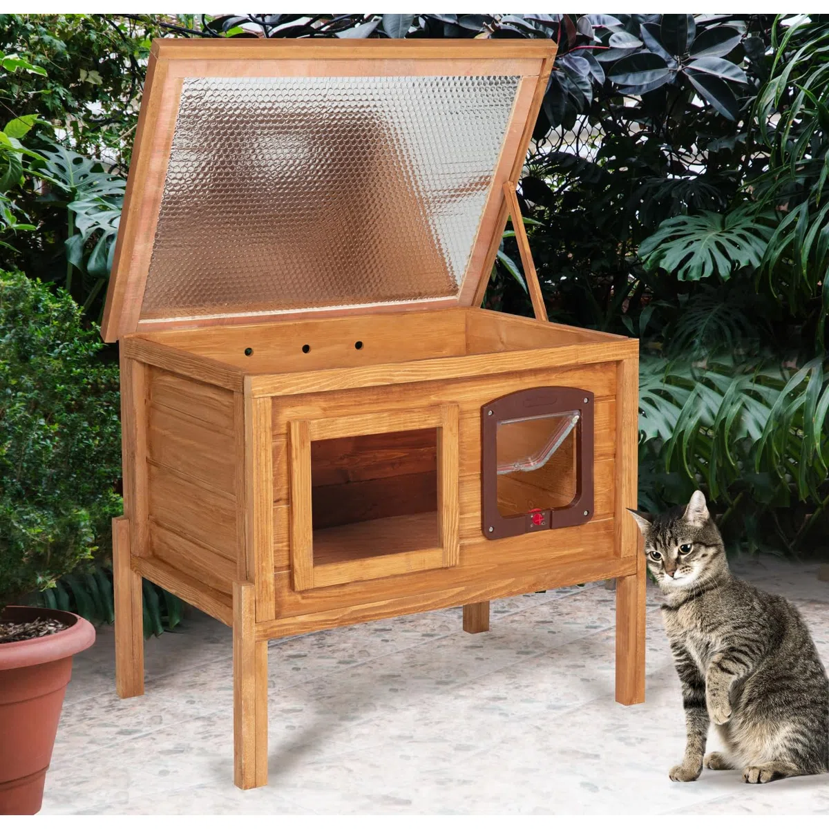 IDMarket - Caseta para gatos de madera autocalentable con puerta y ventana