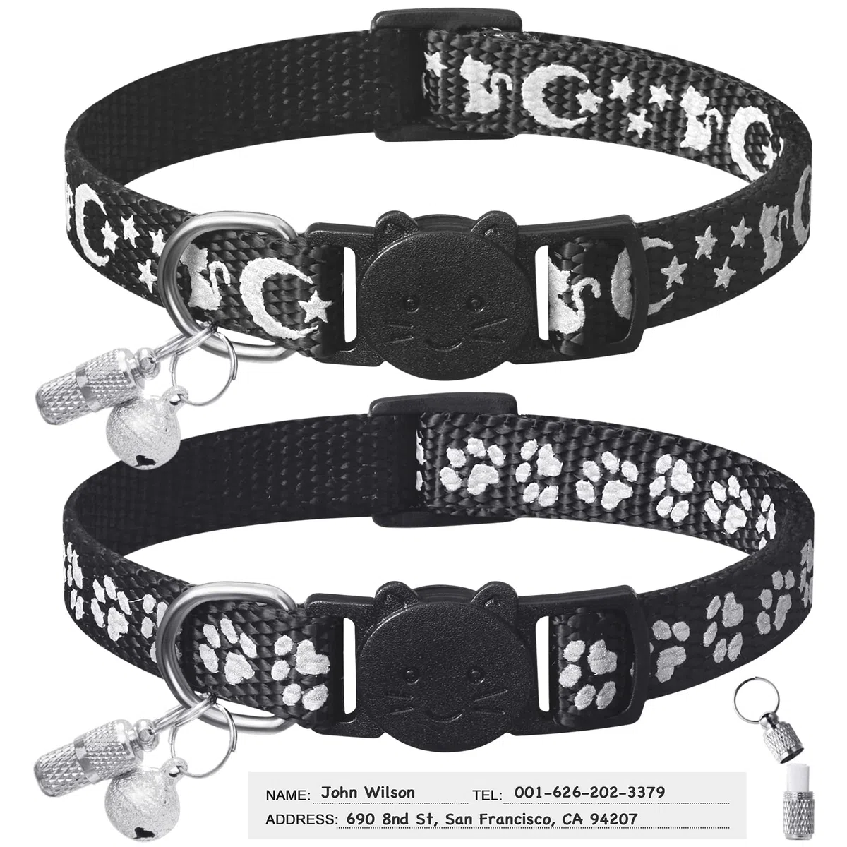 LLHK Paquete de 2 collares reflectantes para gatos y 2 etiquetas de nombre, collar de seguridad para gatito con campana, ajustable de 7 a 12 pulgadas, para gatos machos, etiqueta de identificación