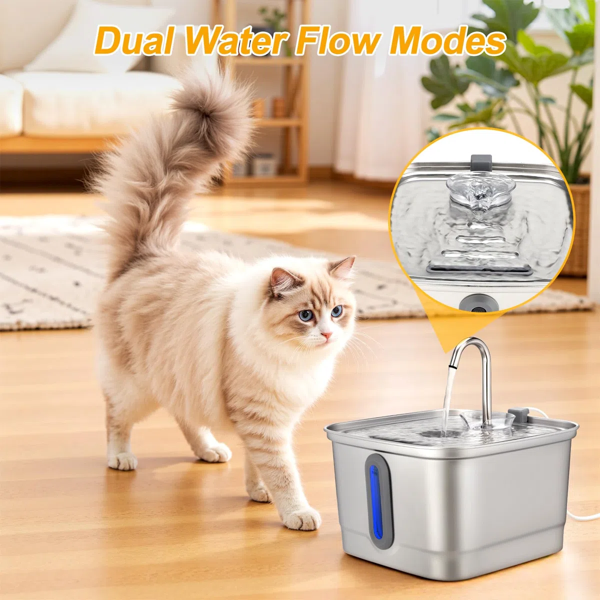 SEIRMEP Fuente de agua de acero inoxidable para gatos, fuente de agua automática para mascotas, fuente de agua para perros con filtros de repuesto para gatos, perros pequeños (8 filtros y 8 esponjas)