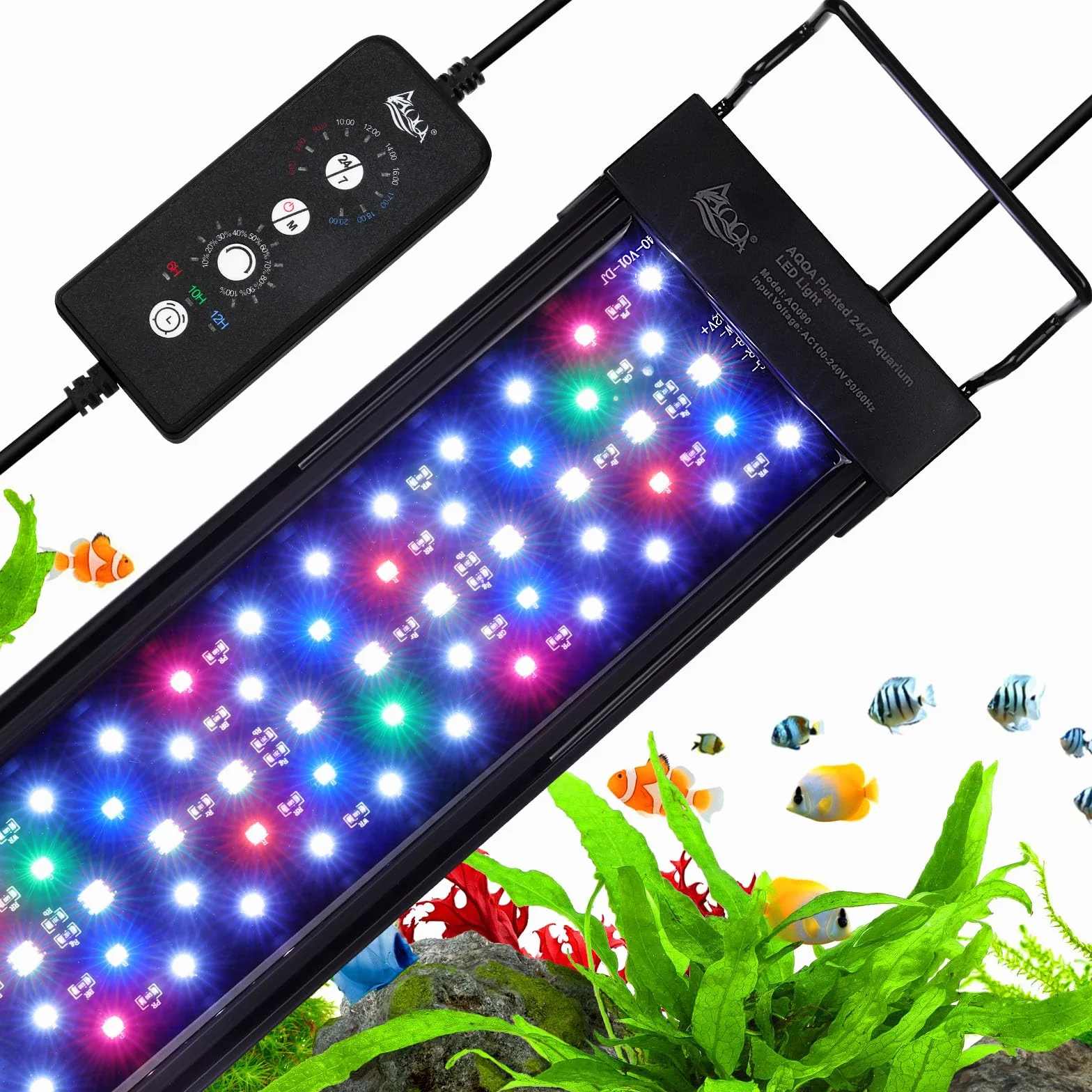 AQQA Luz de acuario LED, 30W espectro completo 24/7 modo pecera luz LED, temporizador ajustable brillo acuario iluminación, luz de plantas acuario con función de memoria y soporte expandible, para 80