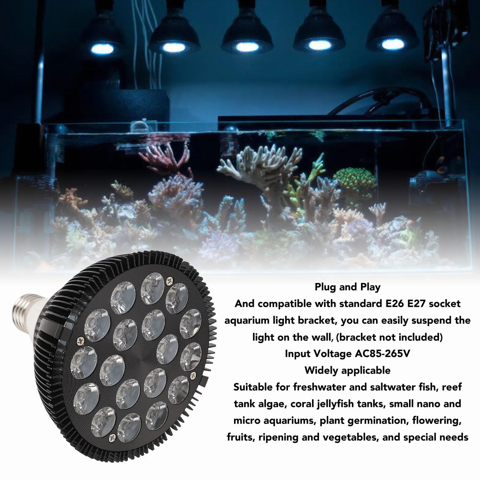 Luz LED para pecera, luces de acuario de espectro completo, lámpara de cultivo de plantas acuáticas, luces LED de arrecife para hábitat de tortugas marinas de coral, 18W