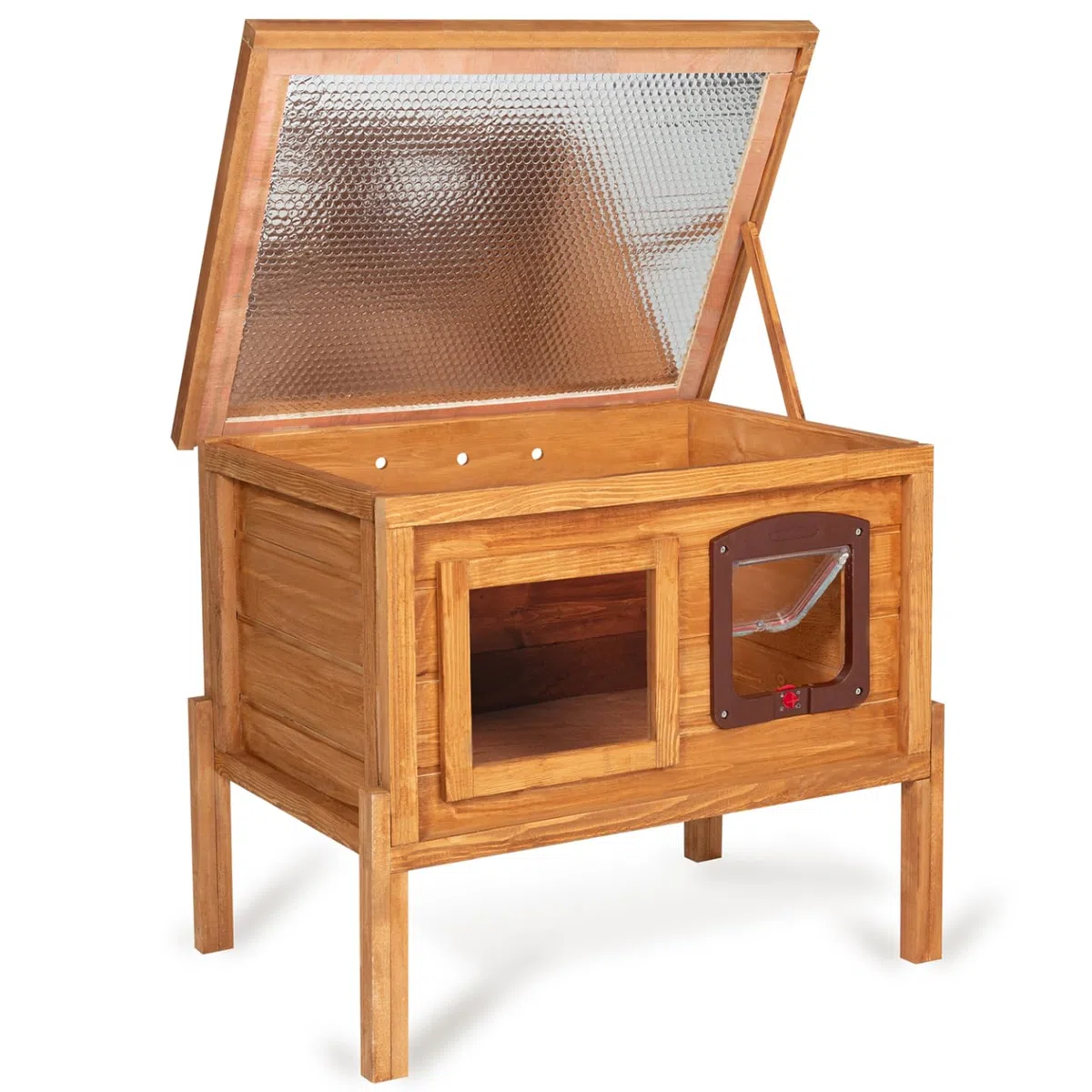 IDMarket - Caseta para gatos de madera autocalentable con puerta y ventana