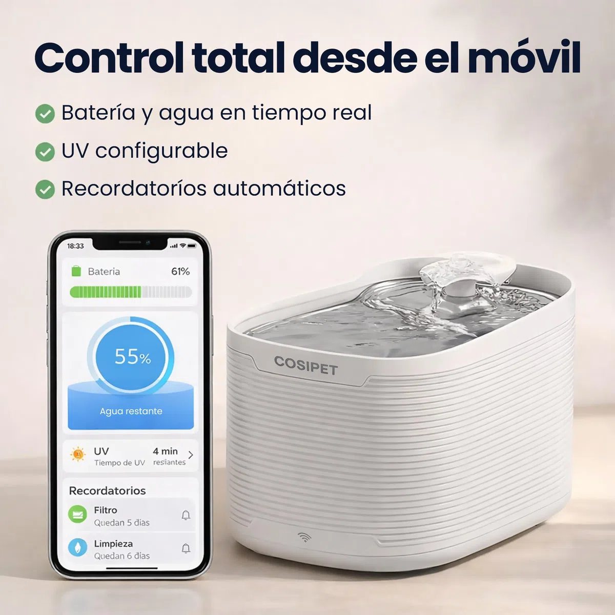 Fuente de agua inalambrica gatos y perros 2,5L control APP WiFi, bebedero automático con sensor, bandeja inox, autonomia mas de 30 dias, UV carbon activado, resina, alfombrilla antiderrame + 3 filtros