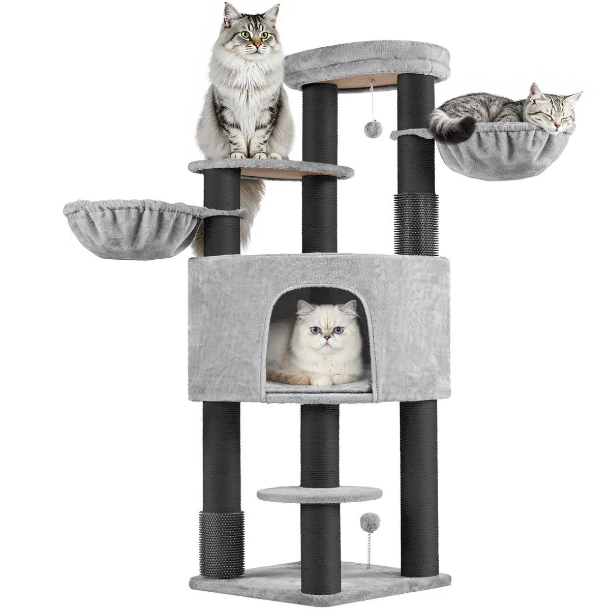 Árbol para Gatos Multinivel Torre Rascadora para Gatos con Postes Rascadores Gruesos 2 Cepillos Rodillos Percas Condominio Cestas Bola Colgante para Gatos Grandes Gris Claro/Negro