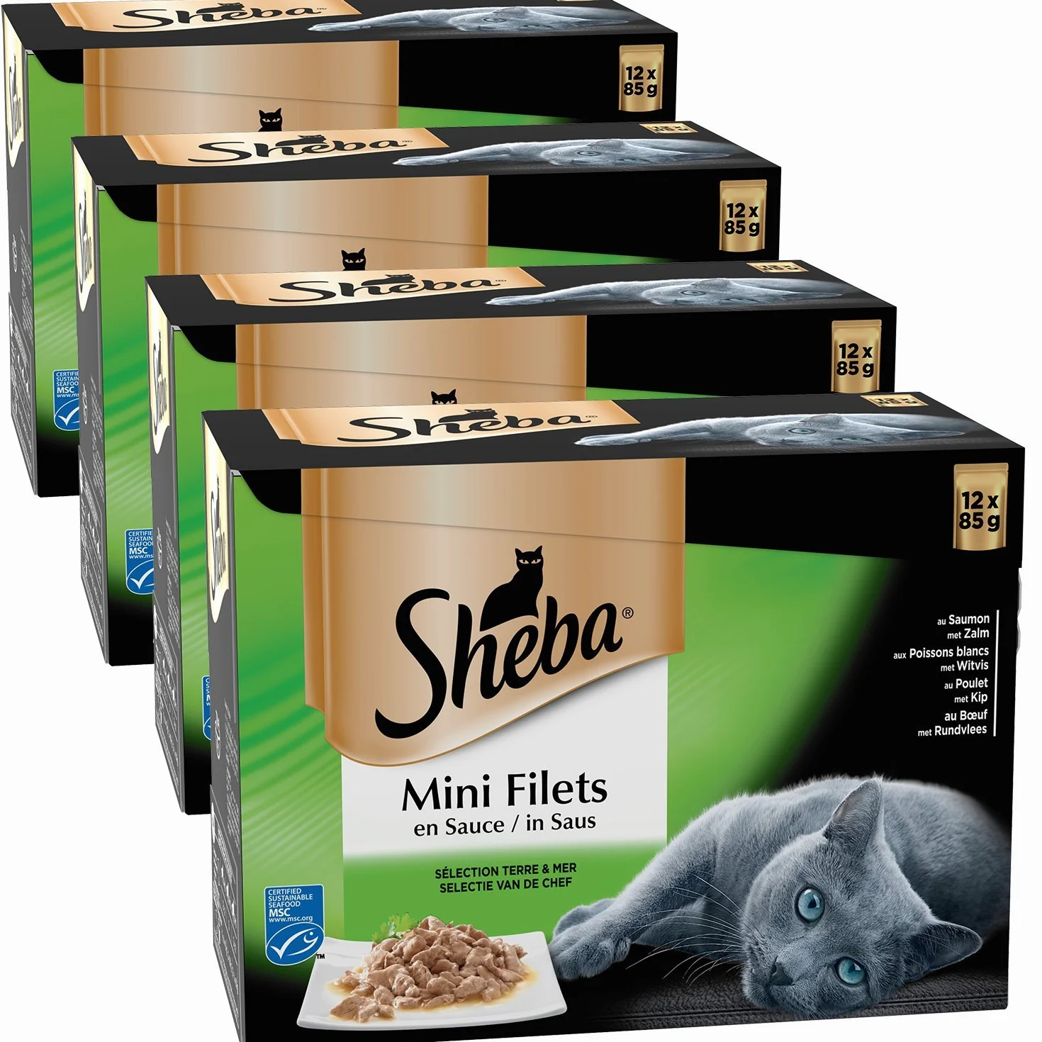 Sheba Mini Filets en Sauce pour Chat Adulte – Nourriture Humide pour Chats - Sélection Terre & Mer – Sachets Fraîcheur 48 x 85g