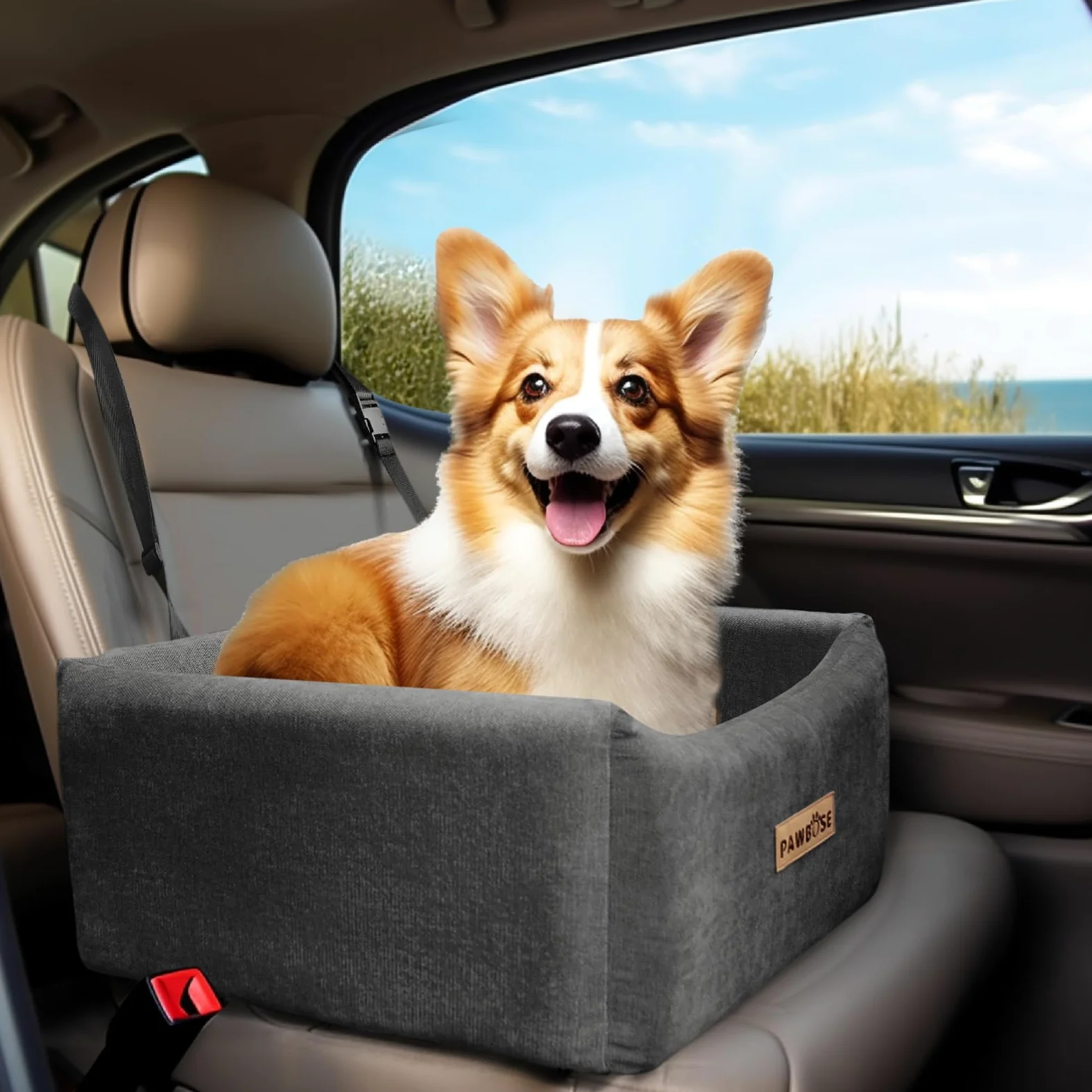 Asiento de Coche para Perros medianos de hasta 15 kg,Asiento Elevador para Perros con cinturón de Seguridad, Cama de Viaje para Mascotas con Funda extraíble y Lavable