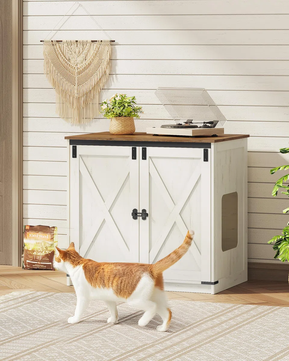Hzuaneri Arenero para Gatos, Armario Oculto con Espacio de Almacenamiento, Caseta con Imanes, Estilo Rústico, 80 x 50 x 79,5 cm, Apto para Pasillo y Dormitorio, Blanco Marrón CB85414X