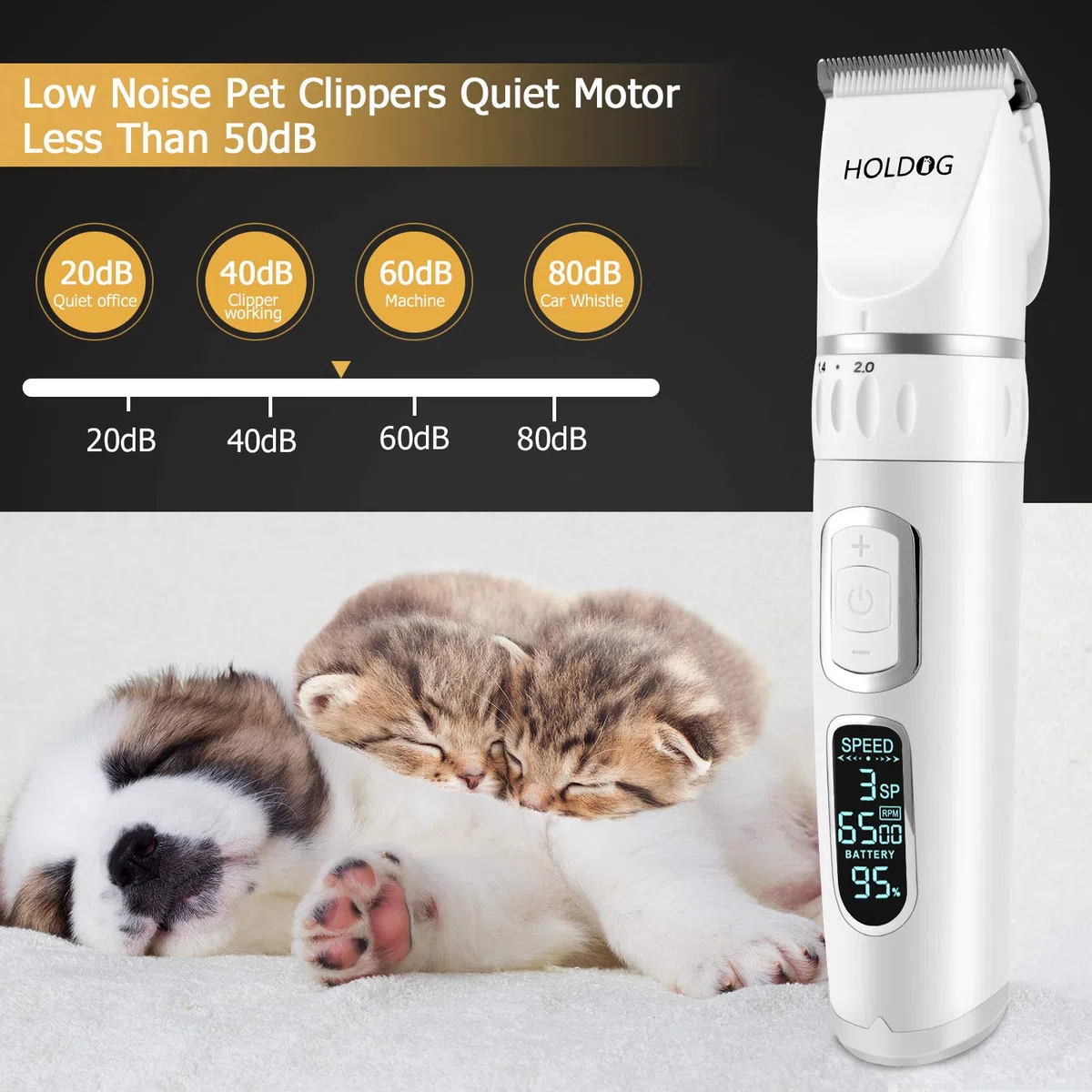 HOLDOG Cortapelos para perros profesional, resistente, 3 velocidades, bajo ruido, alta potencia, recargable, inalámbrico, herramientas de aseo para mascotas para perros pequeños y grandes, gatos,