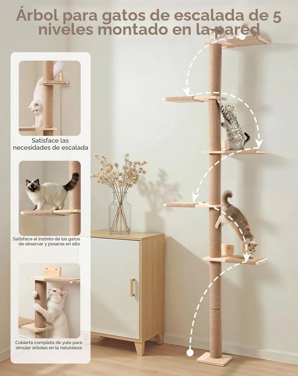 PawGiant Rascador de Pared para Gatos de 5 Niveles (213 cm), Árbol Torre de Escalada de Madera con Postes de Sisal y Plataformas, Mueble Vertical Ahorro de Espacio para Gatos Pequeños y Medianos