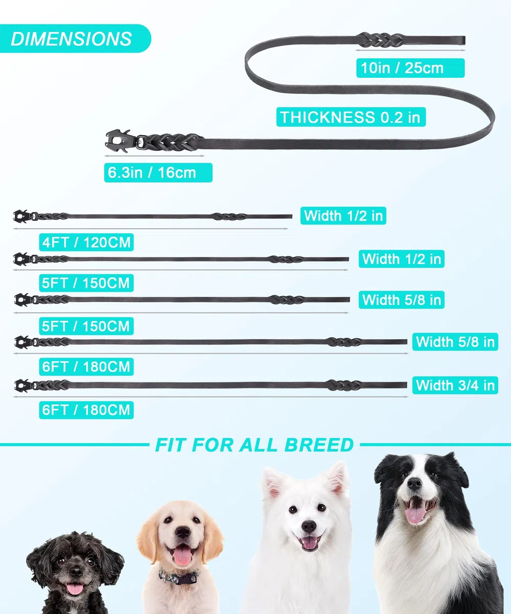 GEIT Correa de cuero para perro de 4/5/6 pies, correas de entrenamiento resistentes para perros, correa trenzada de piel auténtica con clip táctico de liberación rápida/bloqueo para perros medianos y