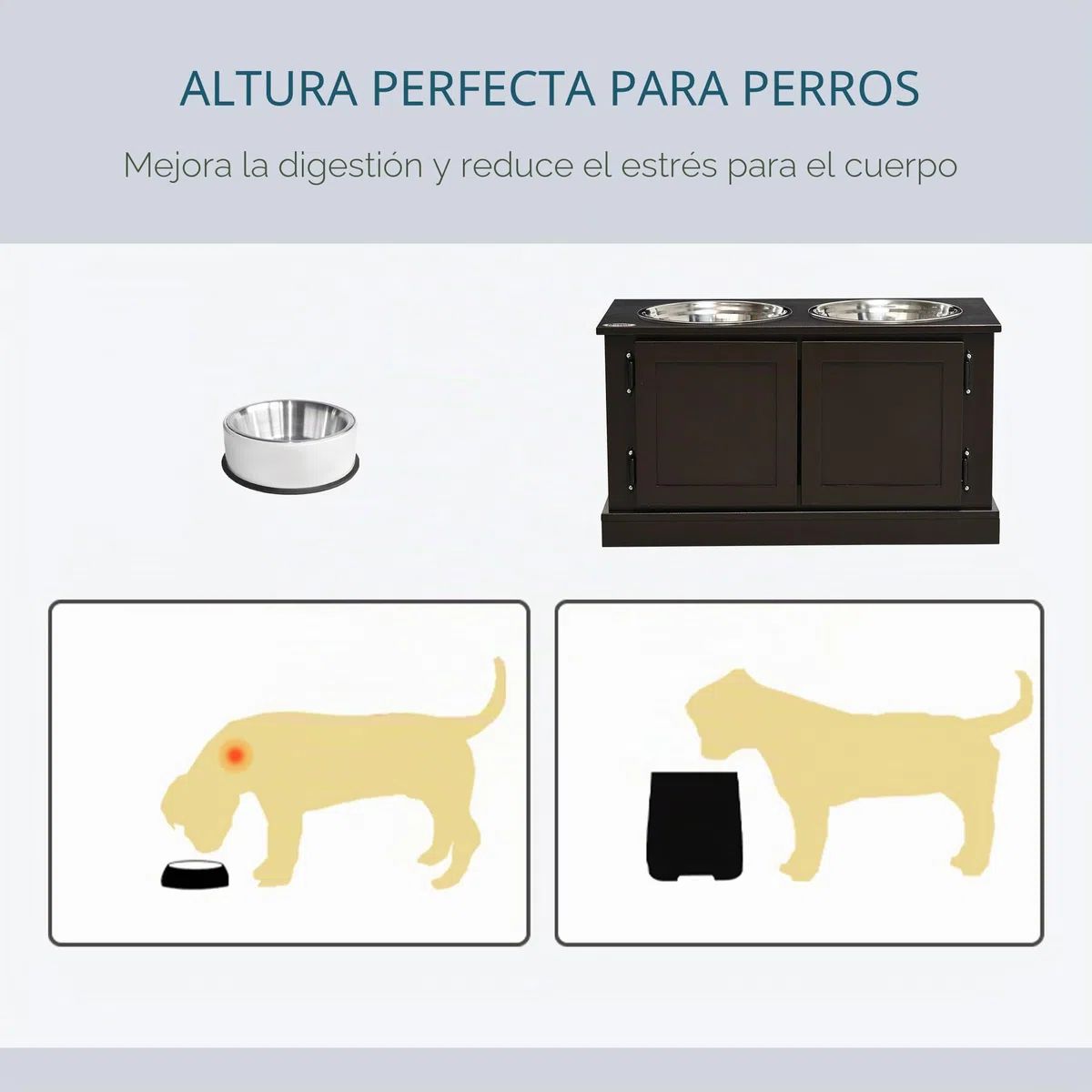 PawHut Comedero para perros, comedero elevado con 2 cuencos de acero inoxidable, cuenco de agua con espacio de almacenamiento de 29,5 l, comedero para perros grandes, café