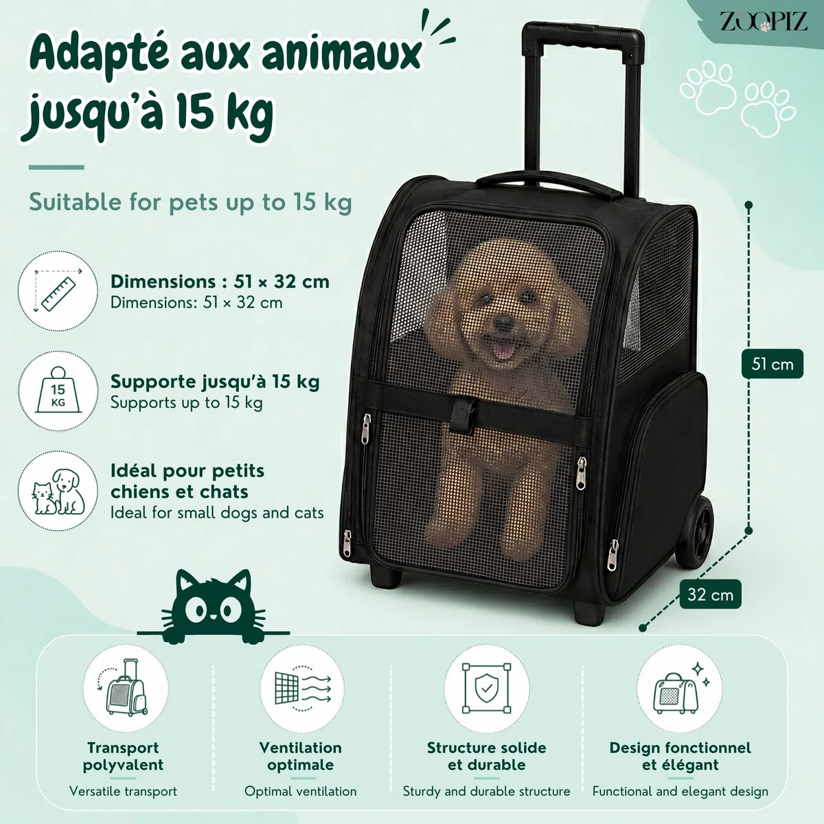 Bolsa de transporte para gatos (2 en 1, con ruedas y mochila, bolsa de transporte para gatos y perros pequeños, hasta 15 kg, bolsa de transporte ventilada, con bolsillos de almacenamiento, 51
