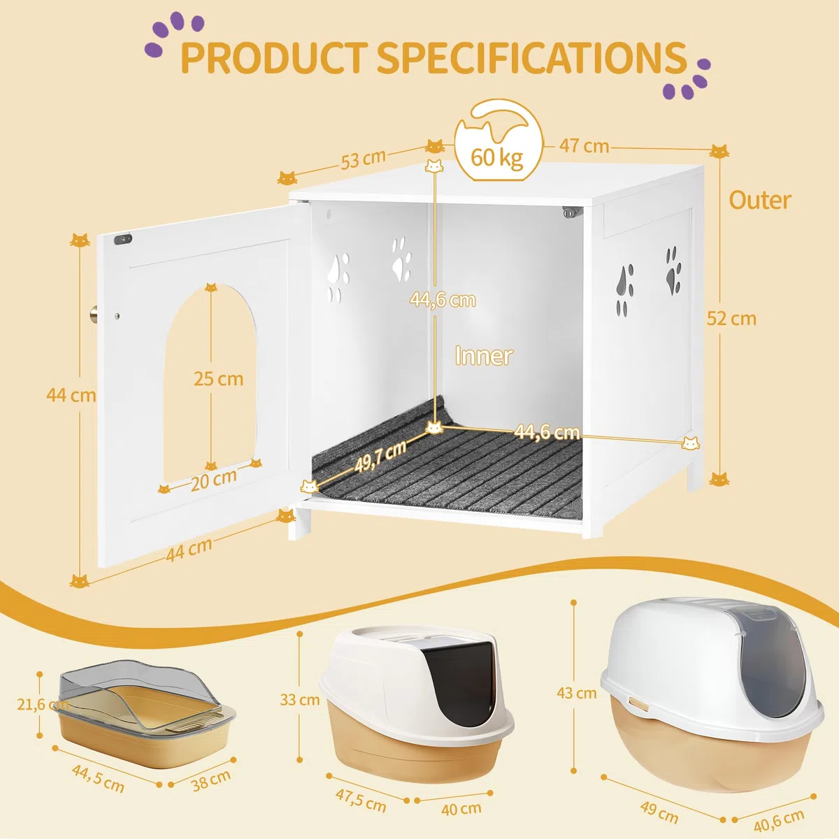 Hzuaneri Armario para Gatos, Mueble para Gatos, Mueble con Caja de Arena Oculta, Banco Armario para Gato, Lavabo de Madera para Sala de Estar, Dormitorio, Blanco CB82213X