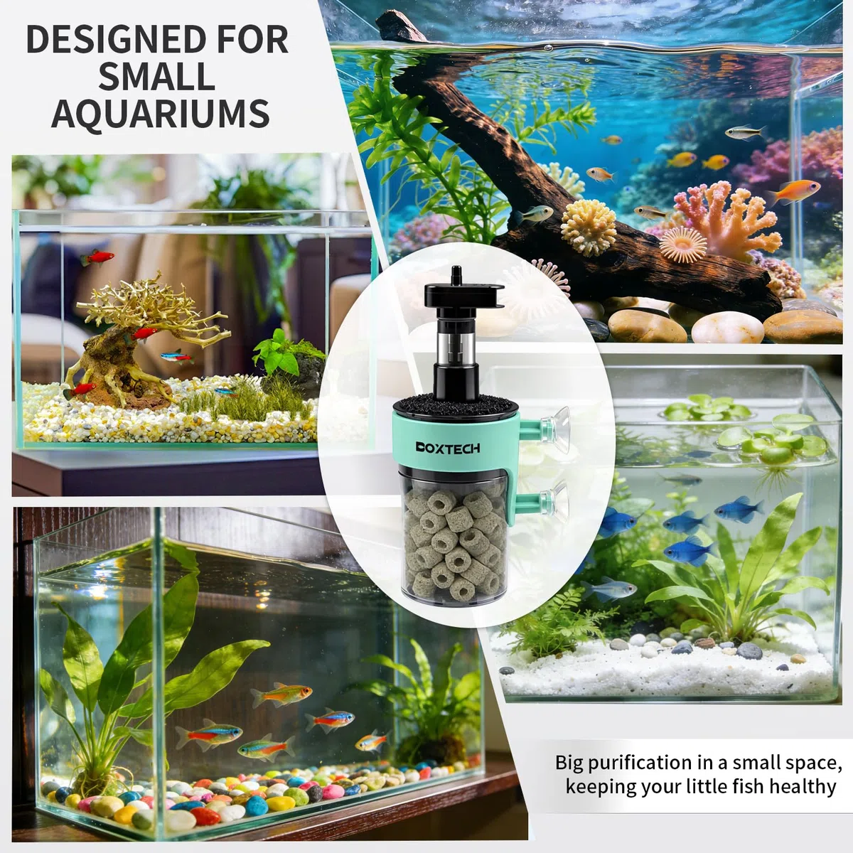 UPETTOOLS Filtro de acuario, pequeño filtro sumergible para peceras con piedra de burbujas de aire integrada y bolas biológicas, adecuado para peceras de hasta 5-10 galones (bomba de aire no incluida)