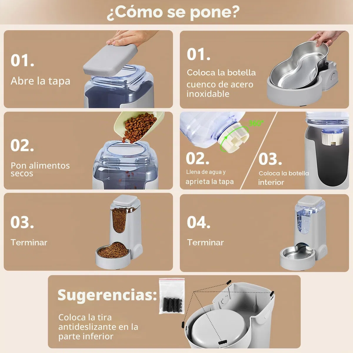 Comedero automático para gatos y perros y dispensador de agua con cuenco de acero inoxidable, alimentador de alimentos por gravedad y bebedero para mascotas pequeñas y medianas, cachorros, gatitos, 1