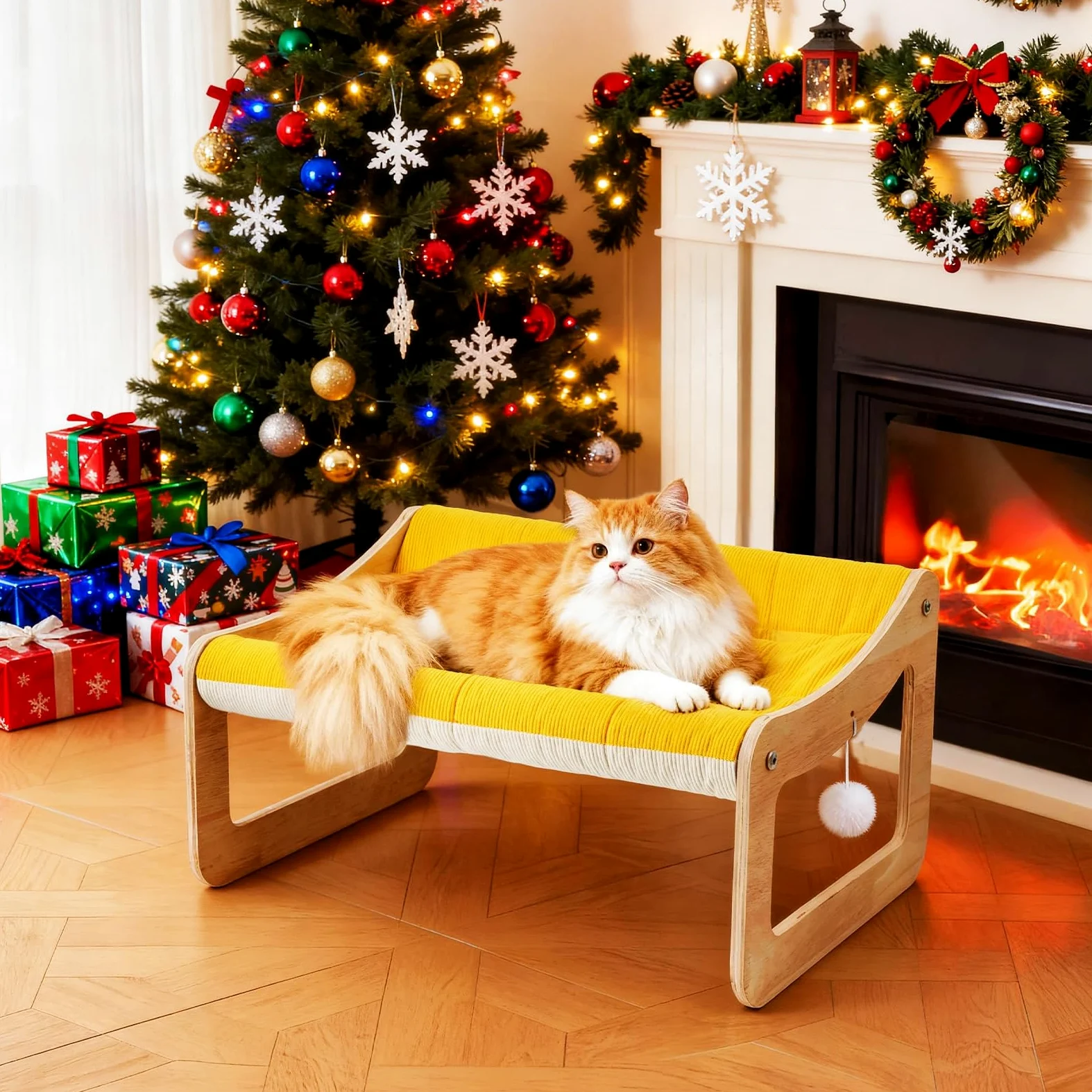 Cama elevada para gatos de madera, sofá para gatos amarillo sol, 53 x 40 cm, silla de gato moderna con funda de colchón extraíble, soporta hasta 15 kg