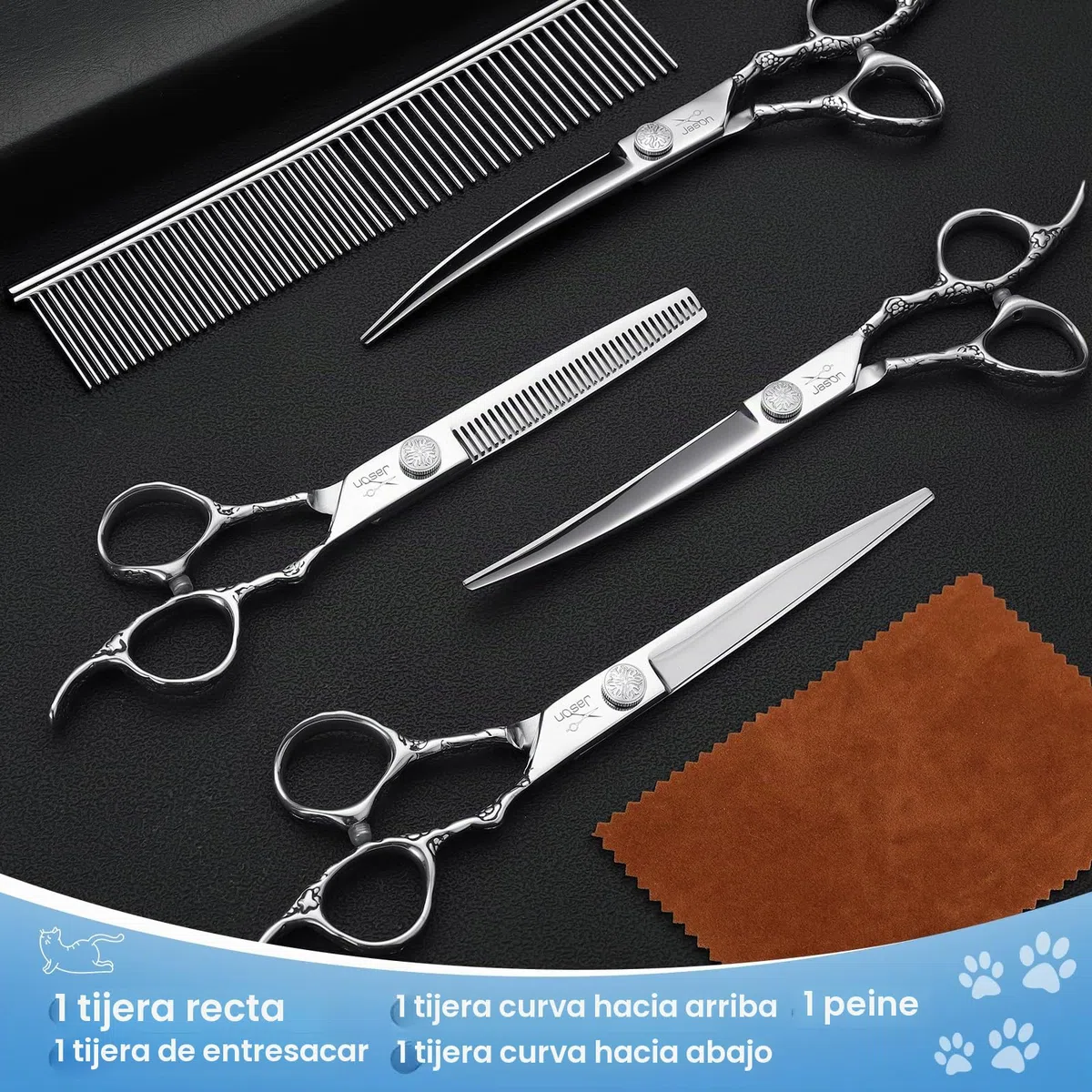 JASON Juego de tijeras profesionales para perros, 6 en 1, juego de tijeras rectas/curvadas/chunker y peine para perros, gatos, mascotas, con tornillo ajustable, color plateado