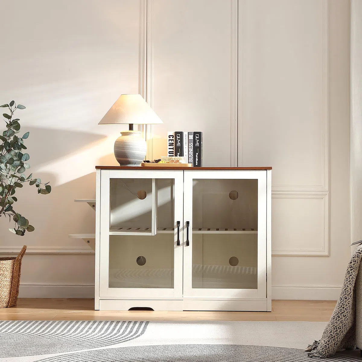 FOREST GRAVITY Mueble Arenero Step Cat Litter Box Cabinet para Gato para Moderno 125.5 * 83 * 60 cm Casa para con Puerta y Tabique Separador Blanco Antiguo