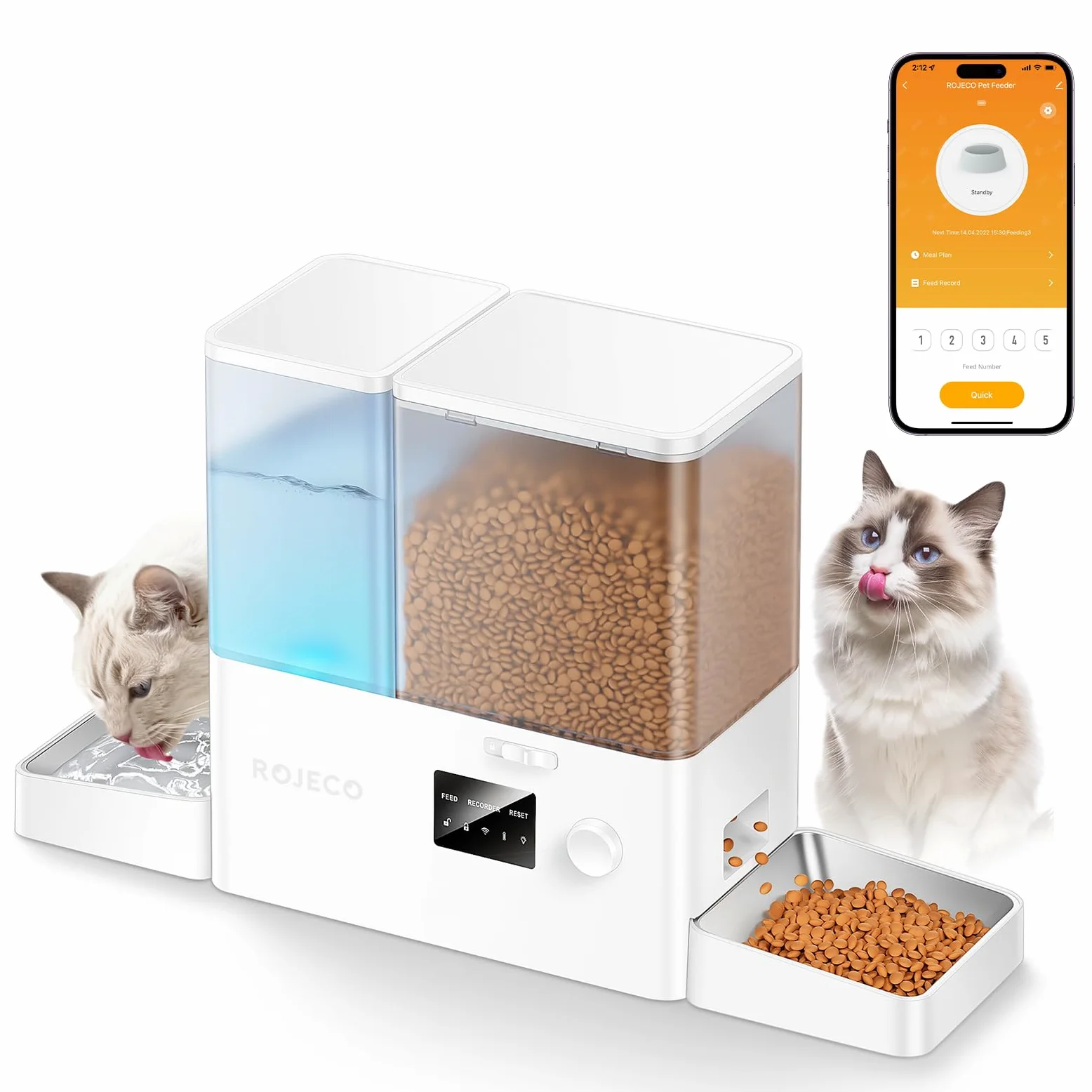 ROJECO Comedero automático para gatos y fuentes 2 en 1 – 8,5 L de capacidad total (5 L comedero + fuente de 3,5 litros), 1-36 porciones, 2 cuencos de acero inoxidable, sin BPA, para gatos y mascotas