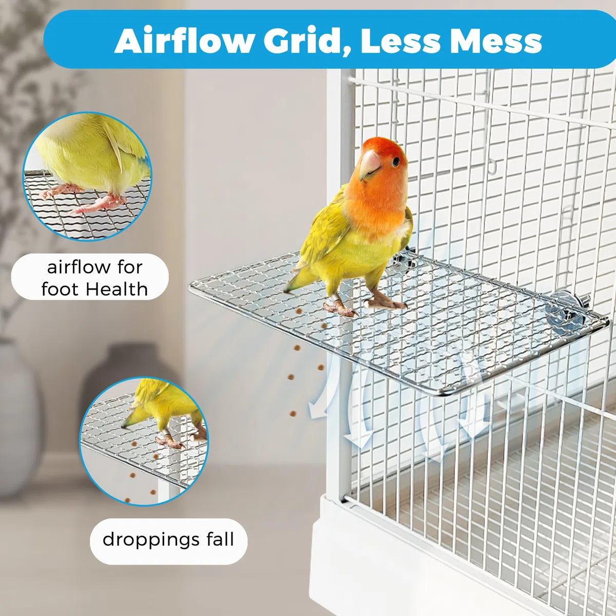 2 perchas para pájaros de acero inoxidable para jaula, soporte de rejilla abierta fácil de limpiar, estantes de percha para periquitos con agarre amigable con garras, percha plana para aves para