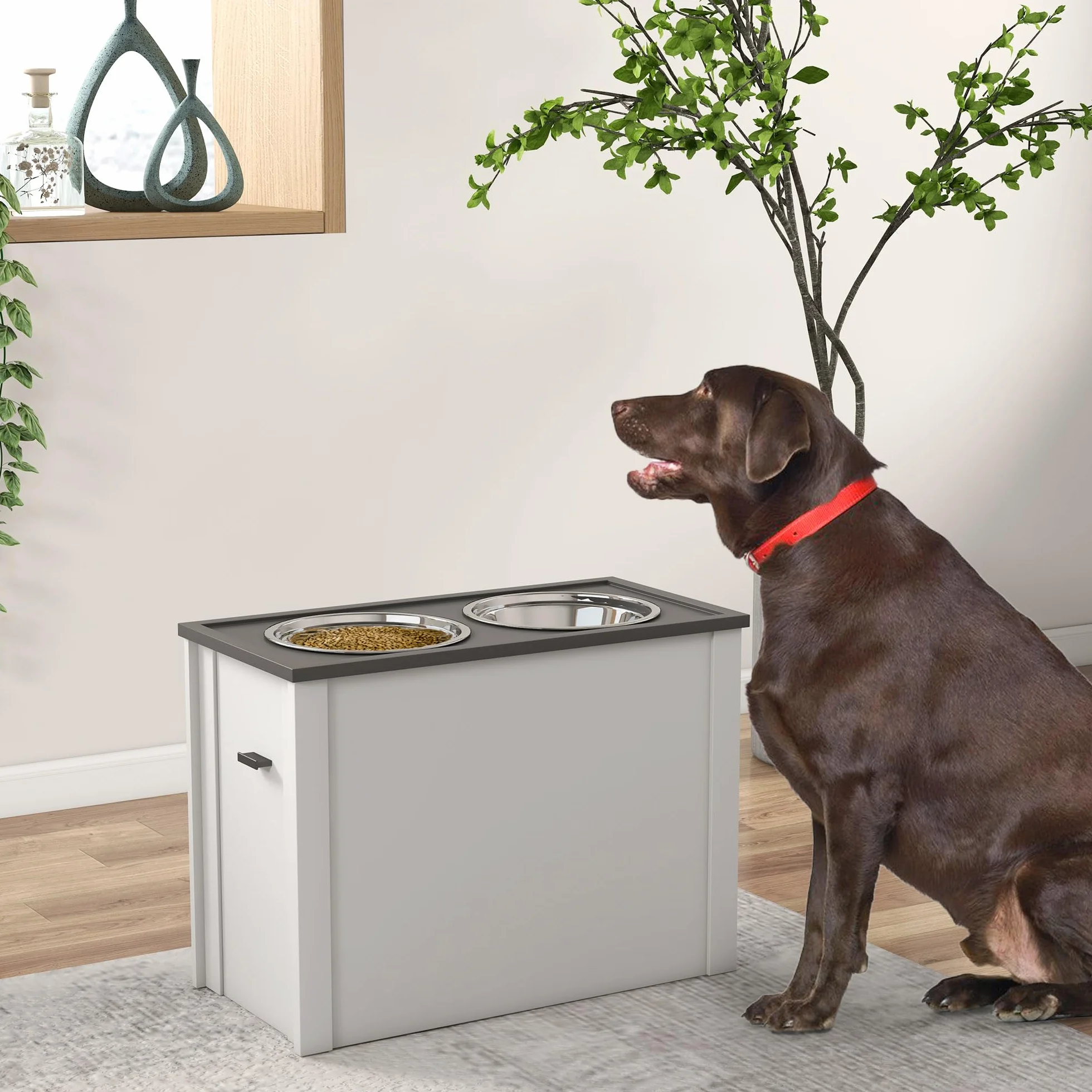 Comedero para perros PawHut, estación de alimentación para perros con espacio de almacenamiento, bebedero, soporte para comederos con cuencos de acero inoxidable de 2 litros, soporte para comederos de | Cuenco para agua, 2 cuencos de acero inoxidable de 2