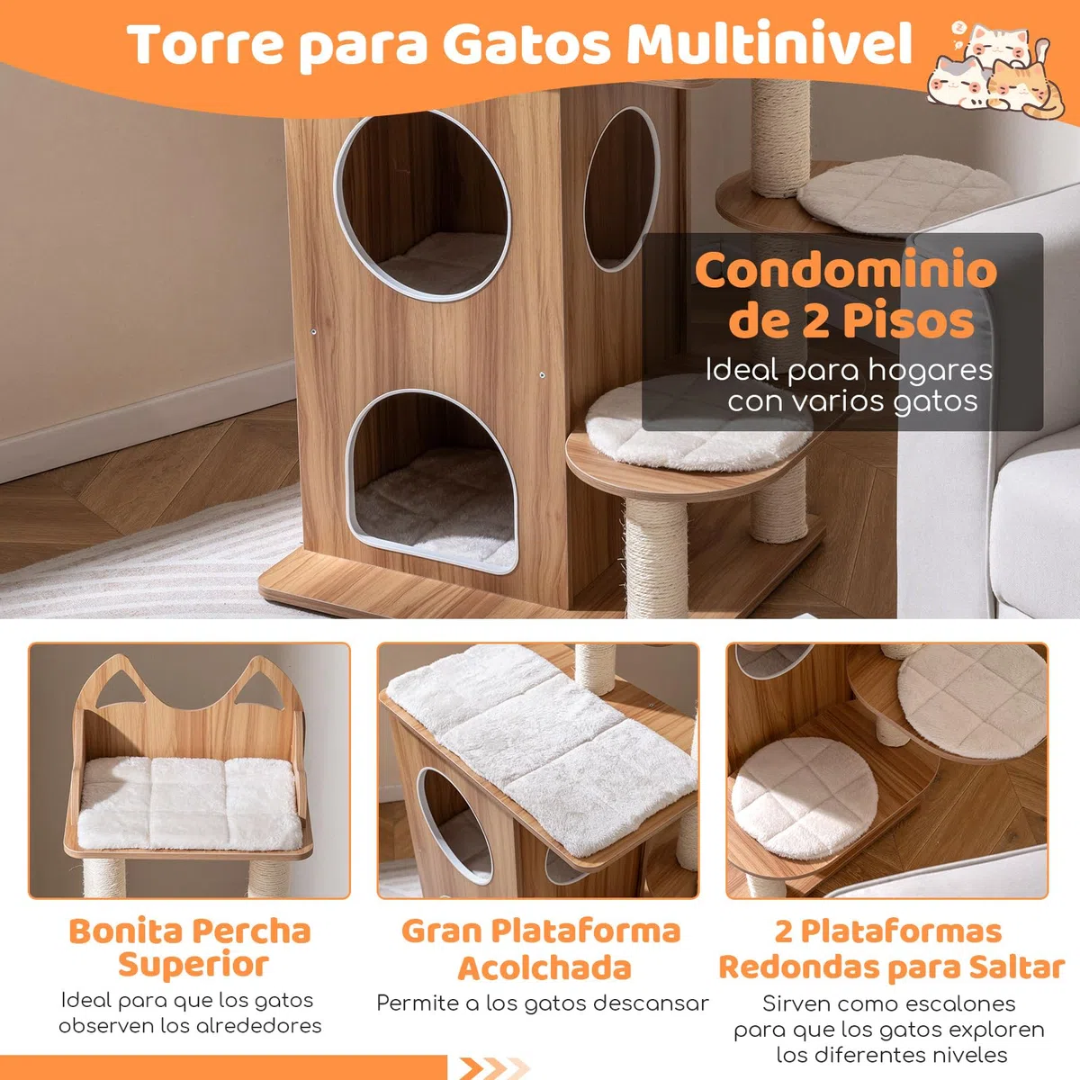 COSTWAY Árbol Rascador para Gatos de Madera, 122 cm de Altura, Torre para Gatos con Condo de 2 Pisos, Postes de Sisal, 3 Plataformas Anchos con Cojines Desmontables, Mueble Auxiliar Moderno Gatitos