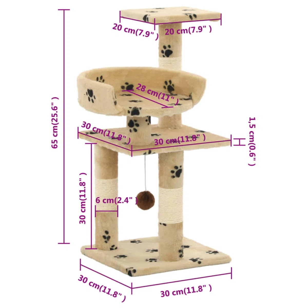 Rascador para Gatos Poste de sisal, Chusui Rascador Gato, Arbol Rascador para Gatos, Gatos Accesorios, Torre Gatos, Arranhador para Gatos, Casa para Gatos, 65 cm Huellas Beige