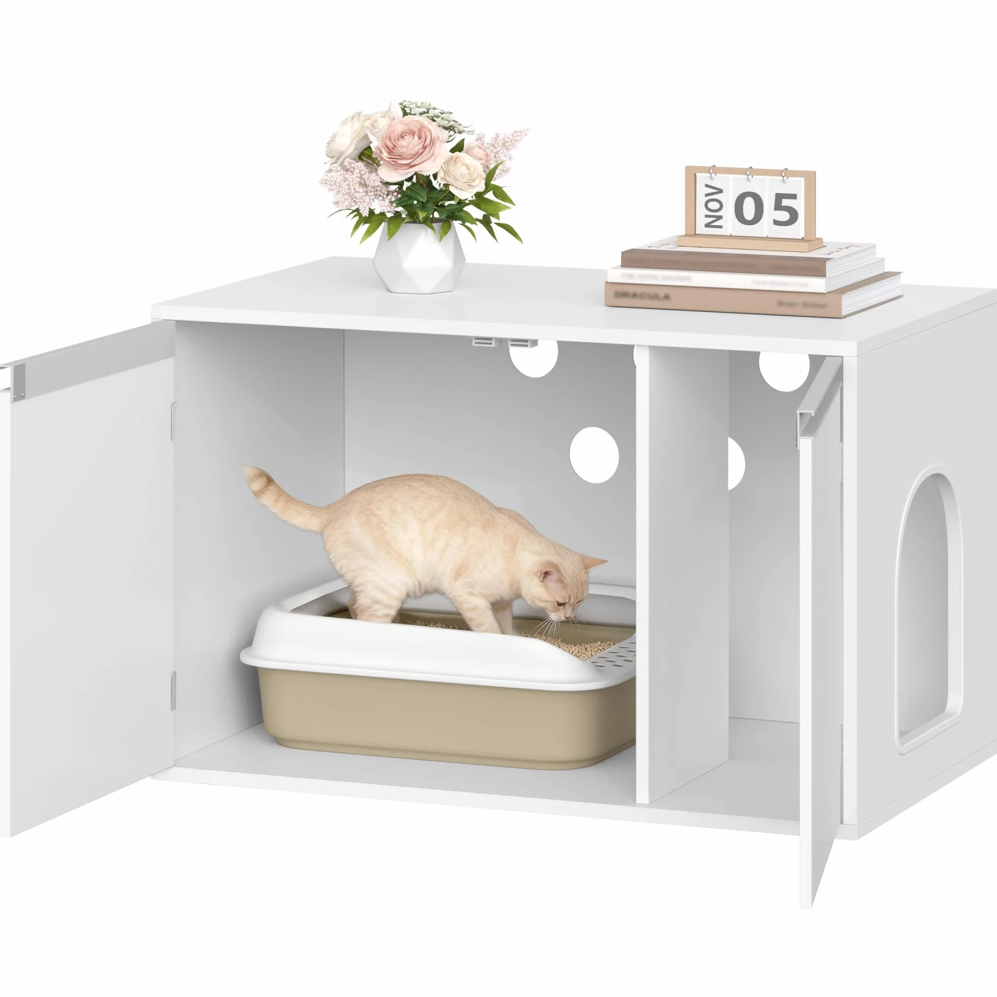 Hzuaneri Mueble Arenero Gatos, Casa para Gatos con Puerta y tabique Separado, 80 x 48,5 x 48,5 cm, Blanco CB01403X