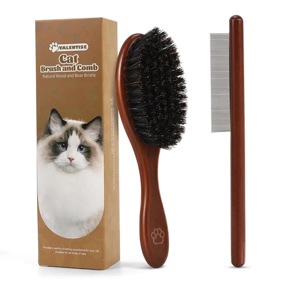 Cepillo y peine de madera para gatos, cepillo de pelo de gato con cerdas de jabalí náutrales para reducir el desprendimiento y mantener el brillo saludable, herramienta diaria de aseo de