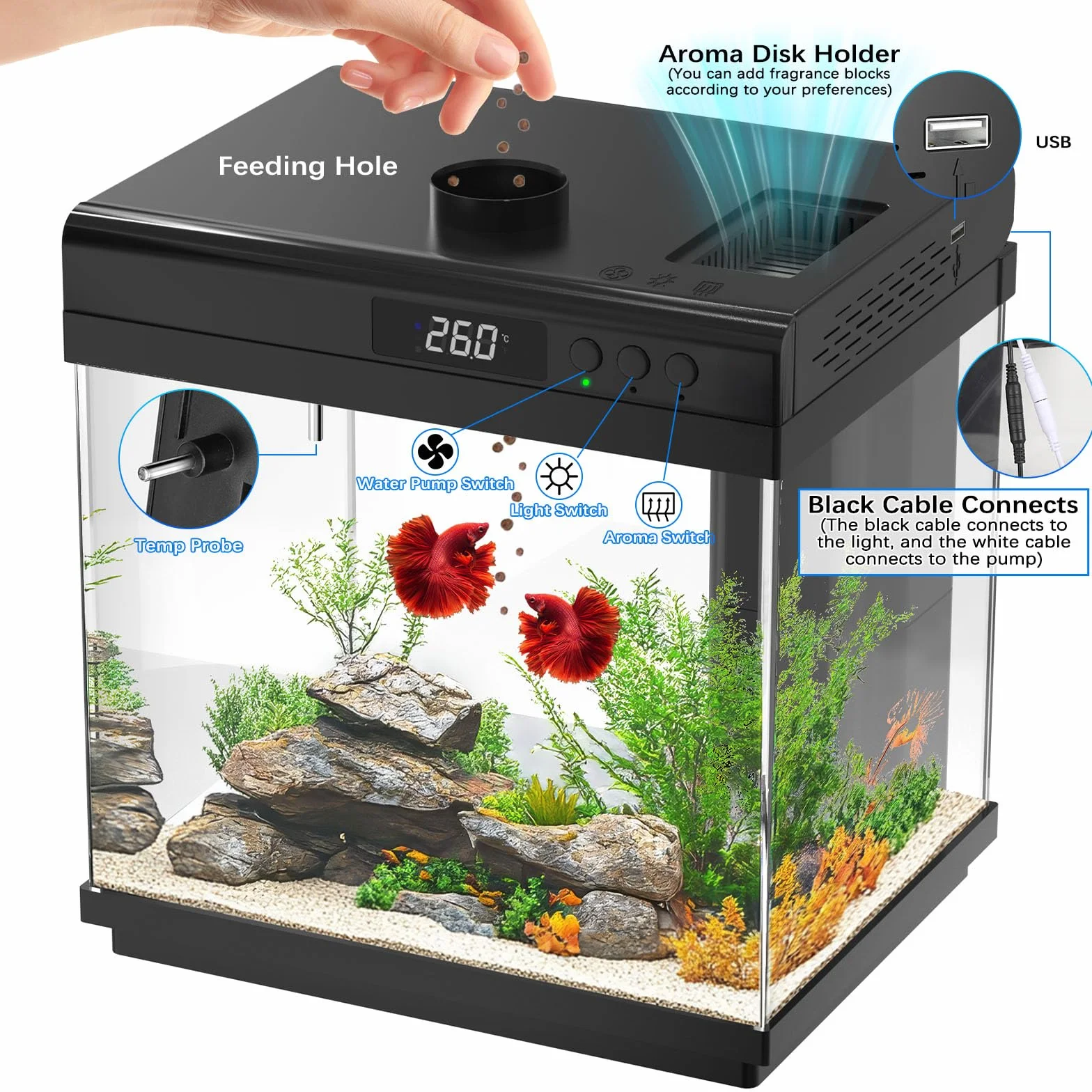 AQQA Kits de iniciación de acuario de 14 litros, pecera pequeña de cristal con filtro y luz LED, tanque de acuario nano ajustable de 10 colores, kit de tanque de peces tropicales autolimpiantes, para