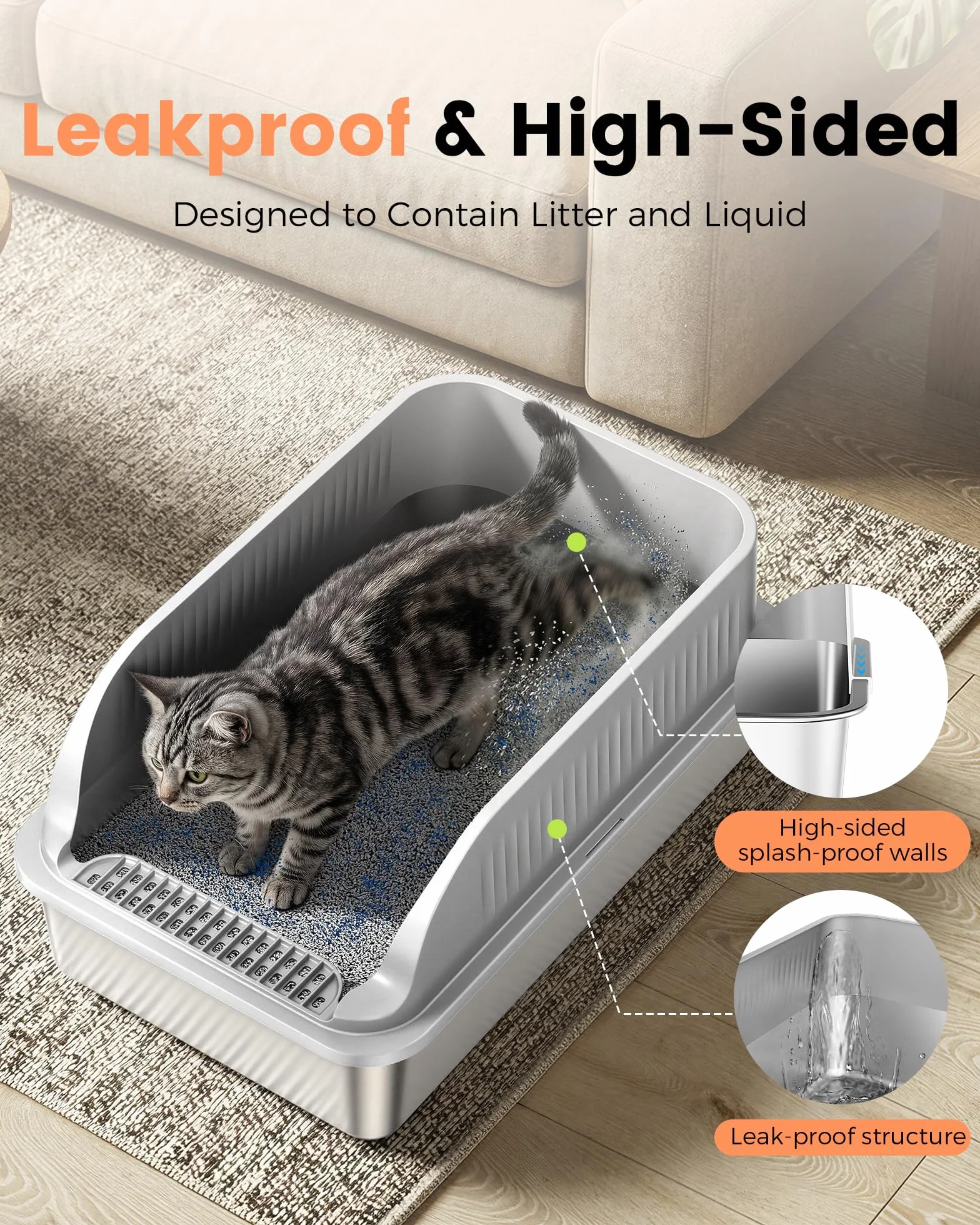 Arenero Gato Acero Inoxidable, Caja de Arenero para Gatos Grandes XXL con Pala, WC Gatos con Bordes Altos Desmontables, Antiadherente, Sin Olores y Fácil de Limpiar, Gris Claro