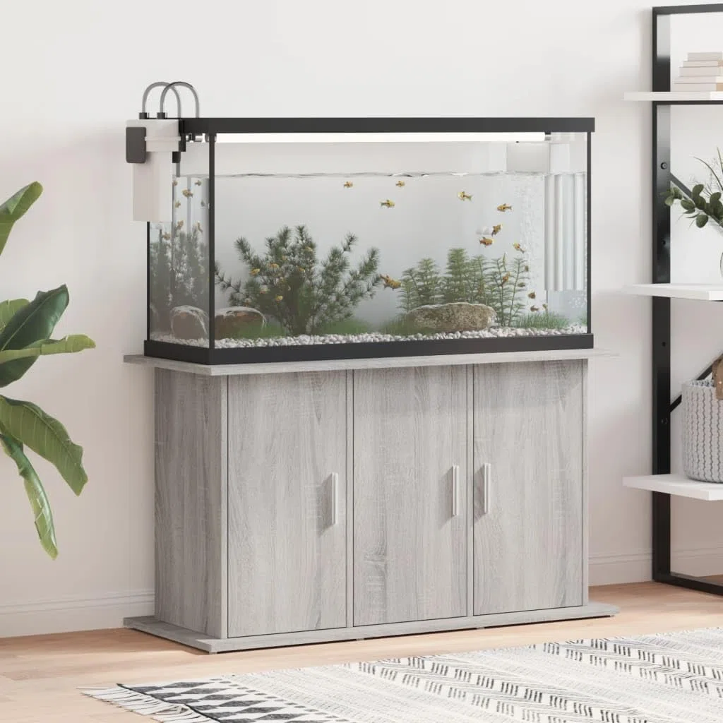 Soporte para acuario, gris Sonoma, material de madera, 101 x 41 x 58 cm, armario inferior estable con espacio para peces, accesorios y filtros, ideal para salón, dormitorio, oficina