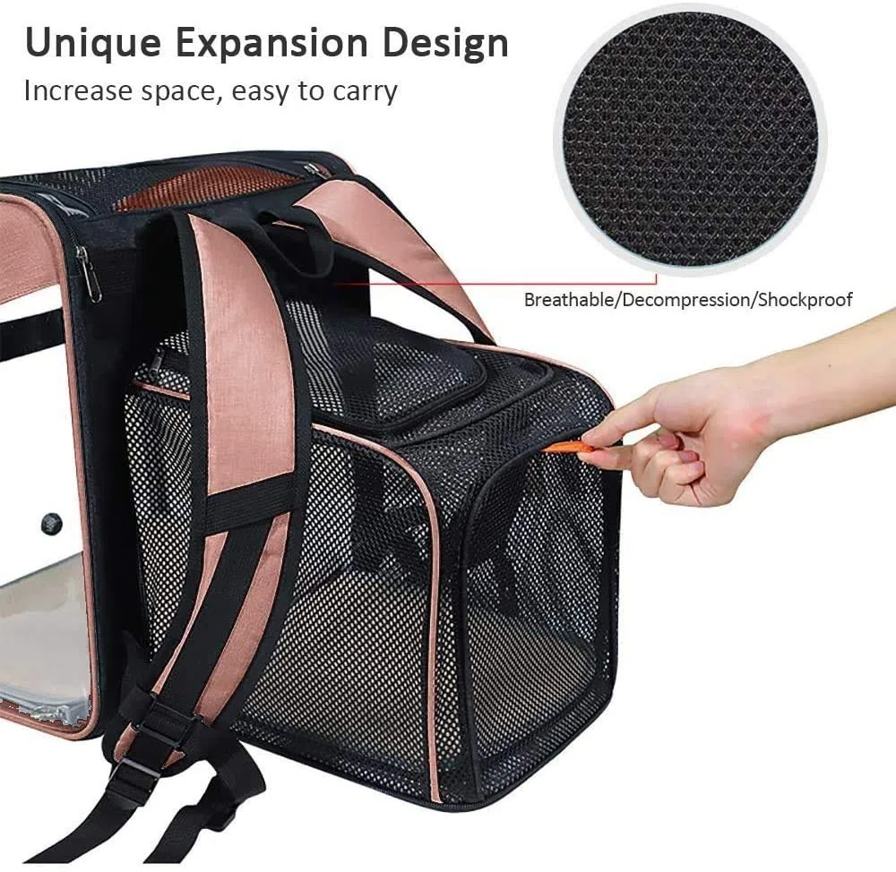 Portador de Mascota Mochila Extensible para Perro Gato 10kg, Bolsa Transporte para Viaje, Transparente Plegable Transpirable y Espaciosa con Cojín de Felpa, Transportín Aprobada por Aerolínea (Rosa)