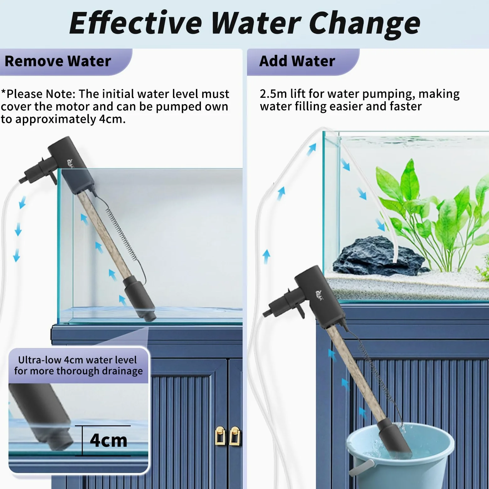AQQA Limpiador de grava al vacío para acuario, 20 W, eléctrico, recargable, herramientas para cambio automático de agua, limpieza de desechos y lavado de arena, fuerte succión con 4 velocidades