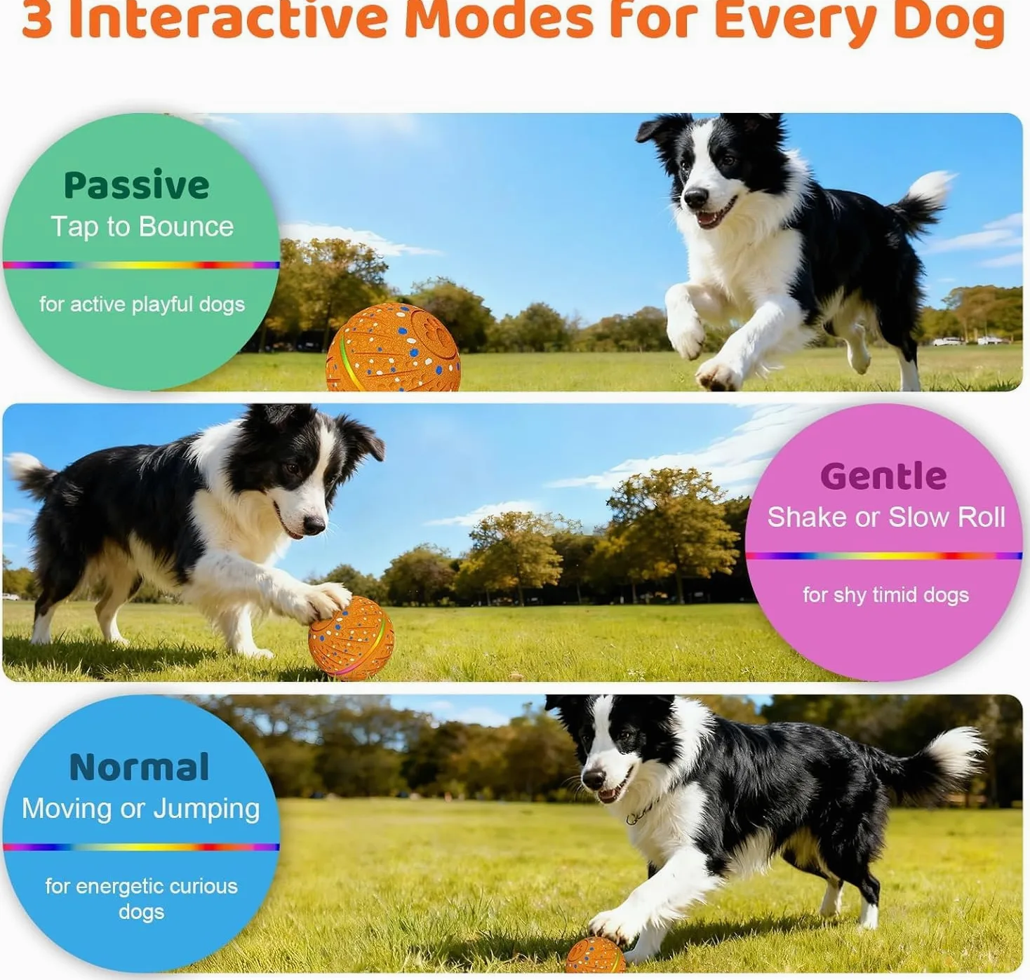 Pelota interactiva de juguetes para perros – Pelota inteligente para perros con luces coloridas, material E-TPU, 3 modos de juego, bolas rodantes automáticas, juguete para perros pequeños y medianos