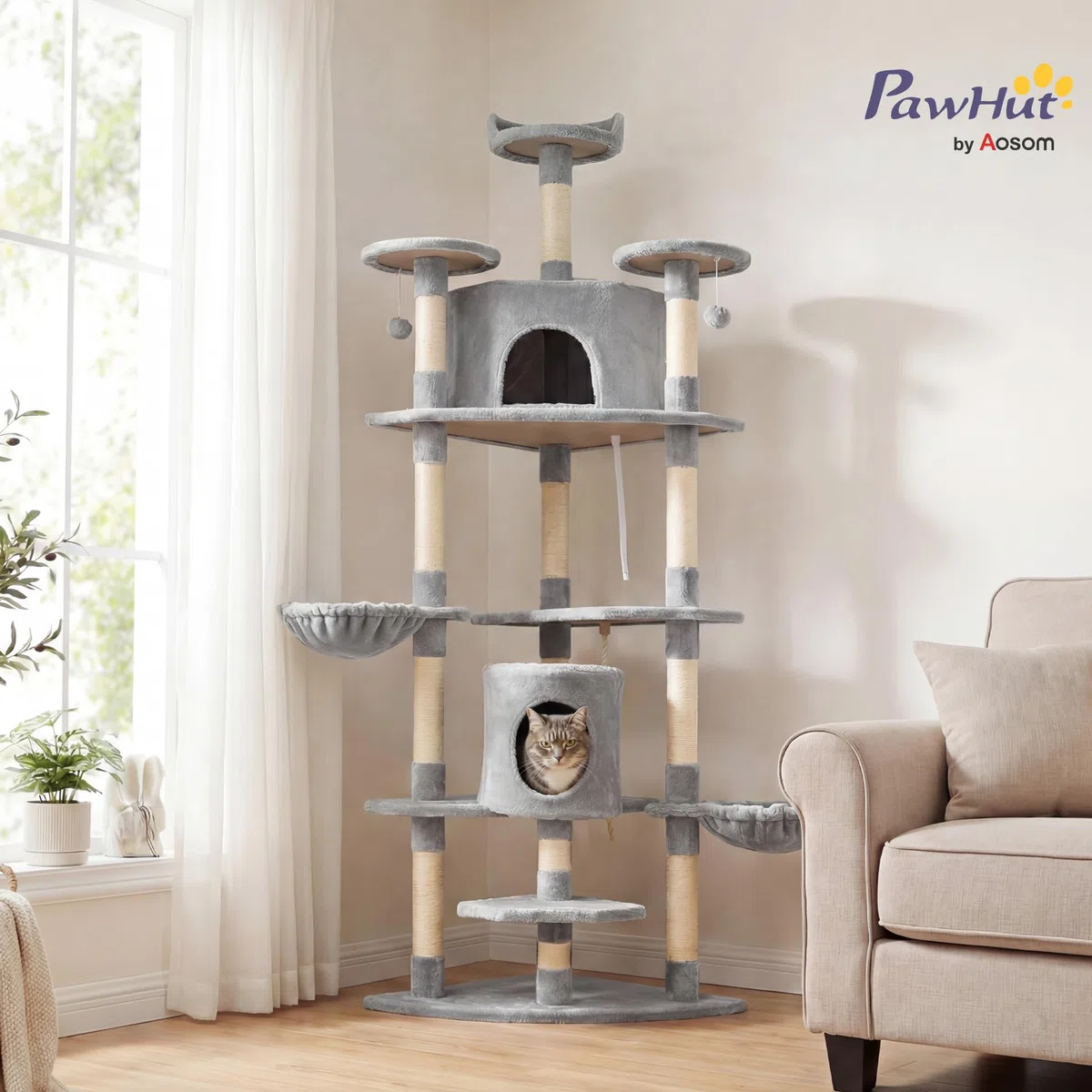 PawHut Árbol Rascador para Gatos Altura 200 cm Torre 60x60x200 cm Gris | Torre para Gatos, 2 Cuevas, 2 Hamacas, Cama, Múltiples Plataformas, Postes de Sisal, Bolas de Juguete