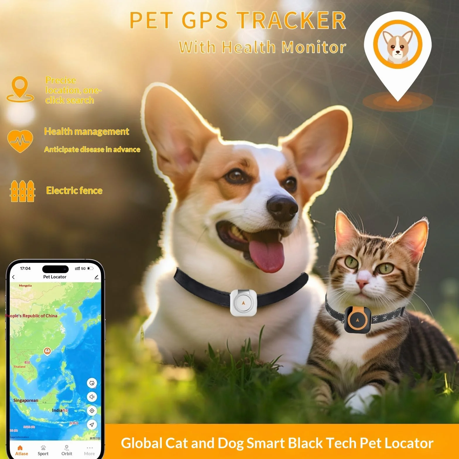 Collar de seguimiento GPS para mascotas, rastreador de ubicación en tiempo real para perros y gatos, gestión de la salud, compatible con iOS/Android, IP67 impermeable, localizador de seguridad