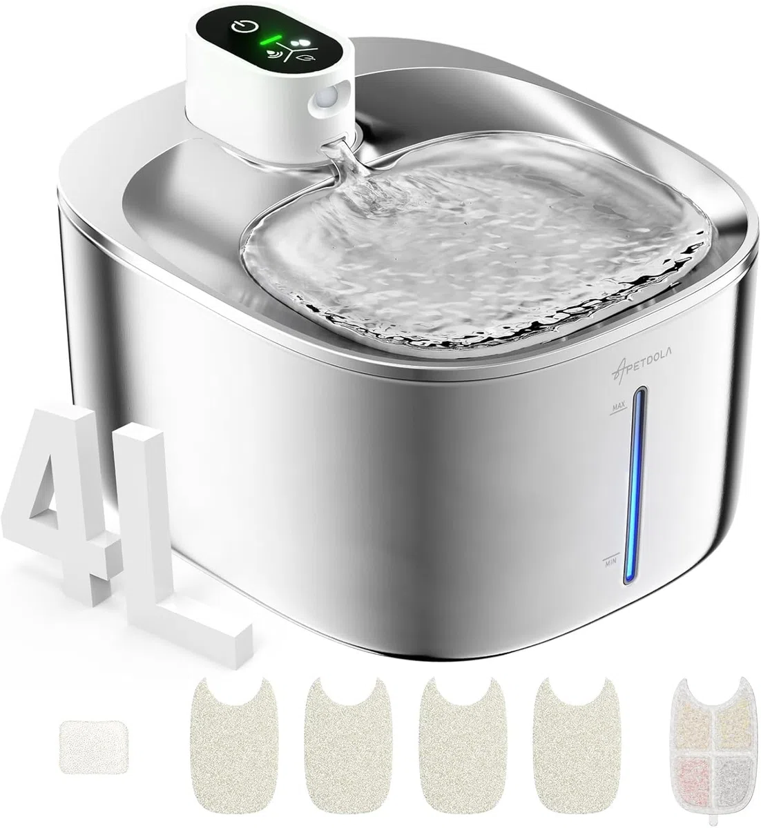 Fuente para mininos Acero Inoxidable, Bebedero mininos, 4L Fuente Agua mininos con Sensor Automático, Bebedero mininos Ultra Silenciosa con Batería de 4000 mAh, FS10pro