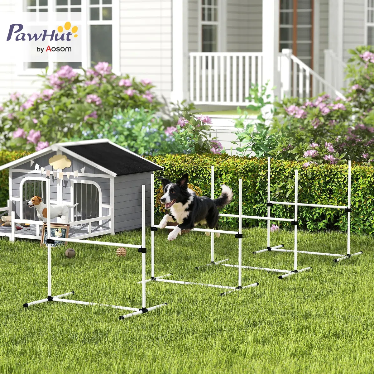PawHut Set de Entrenamiento de Agilidad para Perros Mascotas 4 Piezas Obstáculos Vallas de Salto con Altura Ajustable y Bolsa de Transporte para Exteriores 99x65x94 cm Blanco