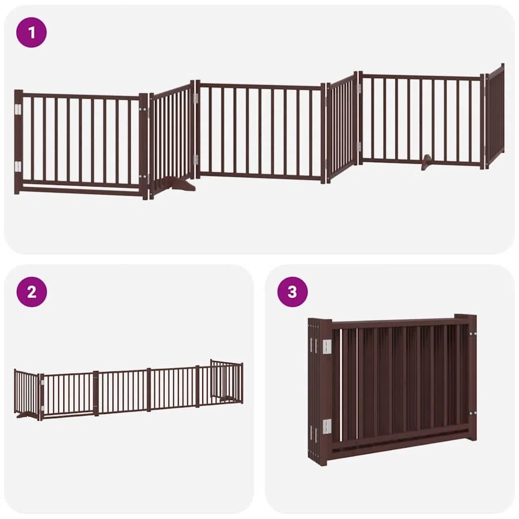 Puerta para perros de madera de álamo marrón, 480 cm de largo, plegable y de pie con puerta, ideal como barrera, protección y seguridad para cachorros y perros pequeños en interiores y