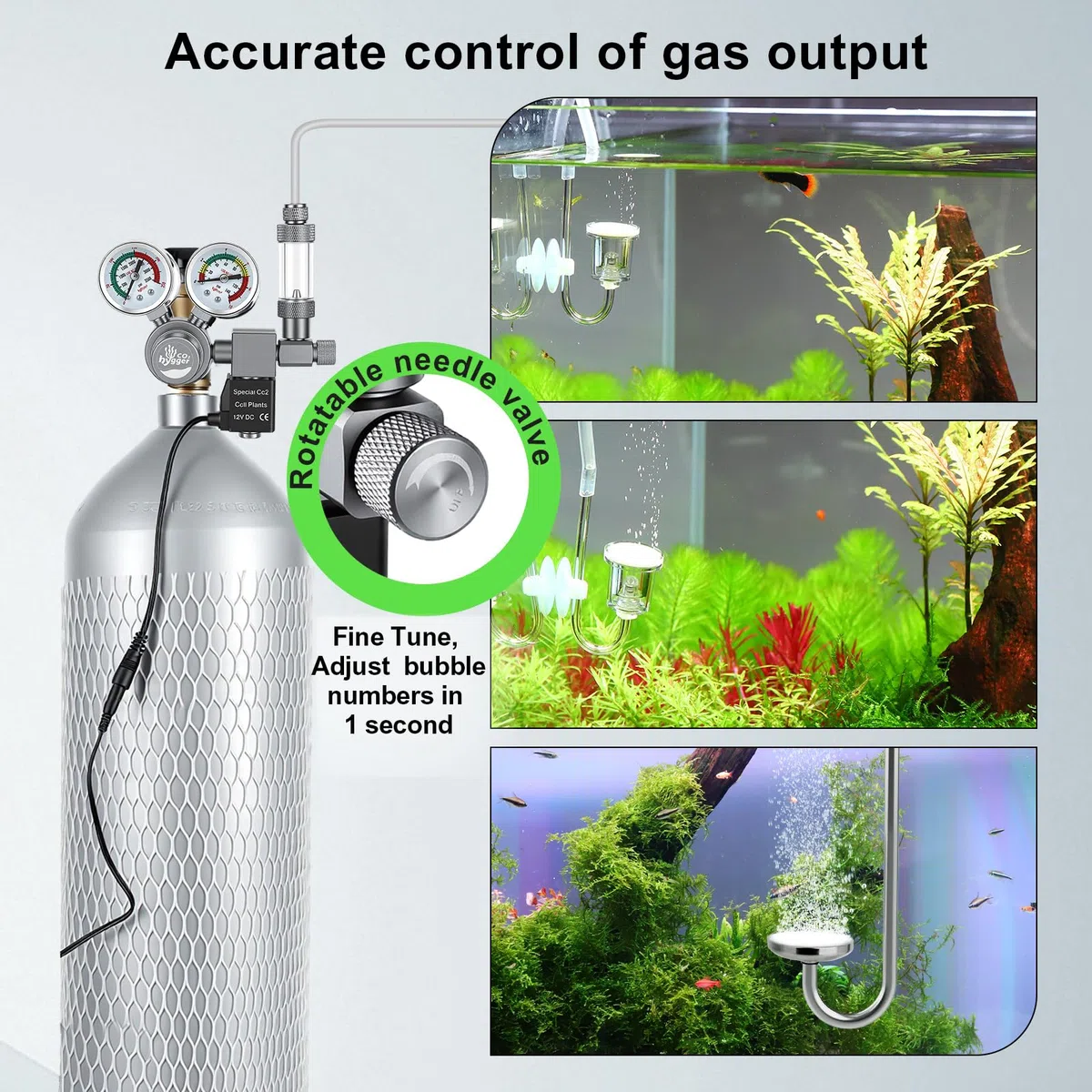 Regulador co2 Acuario DC Solenoide,co2 Regulator para Acuario Calibre Doble | Display preciso doble calibre, contador burbujas con válvula retención, Válvula aguja giratoria control preciso la salida gas
