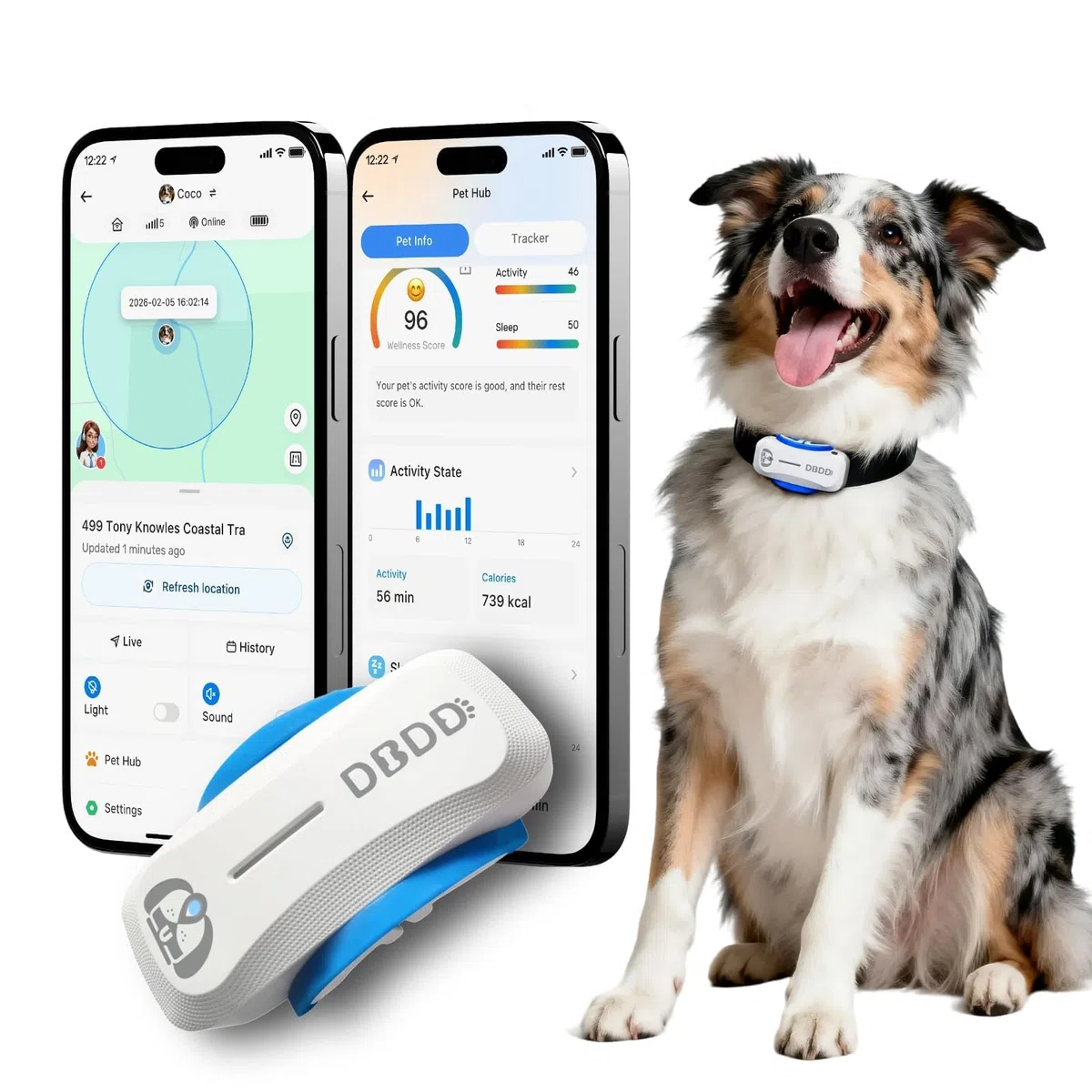 Rastreador GPS para perros, seguimiento de ubicación en tiempo real y gestión de salud con IA, valla virtual, impermeable, compatible con iOS y Android (blanco)