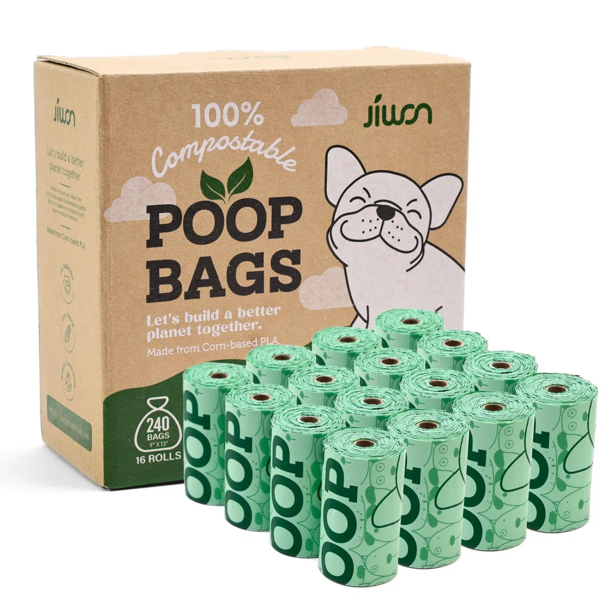 JIWON Bolsas para excrementos de perro 100 % compostables, 240 bolsas, 16 rollos, 9 x 13 pulgadas, estándar ASTM D6400 y EN 13432, certificado OK para compost y plántulas, bolsas gruesas y a prueba de