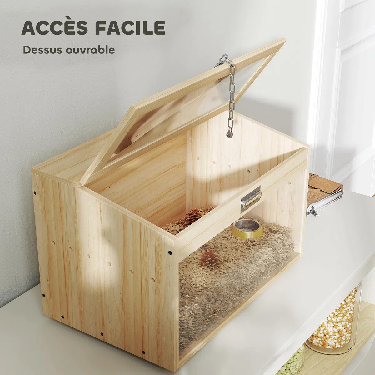 PawHut - Jaula para hámster de Madera, Jaula para ratón con Tapa Abierta, Ventana de acrílico y Agujeros de ventilación para hámsters Enanos y jerbos, 55 x 35 x 35 cm, Efecto Madera Natural