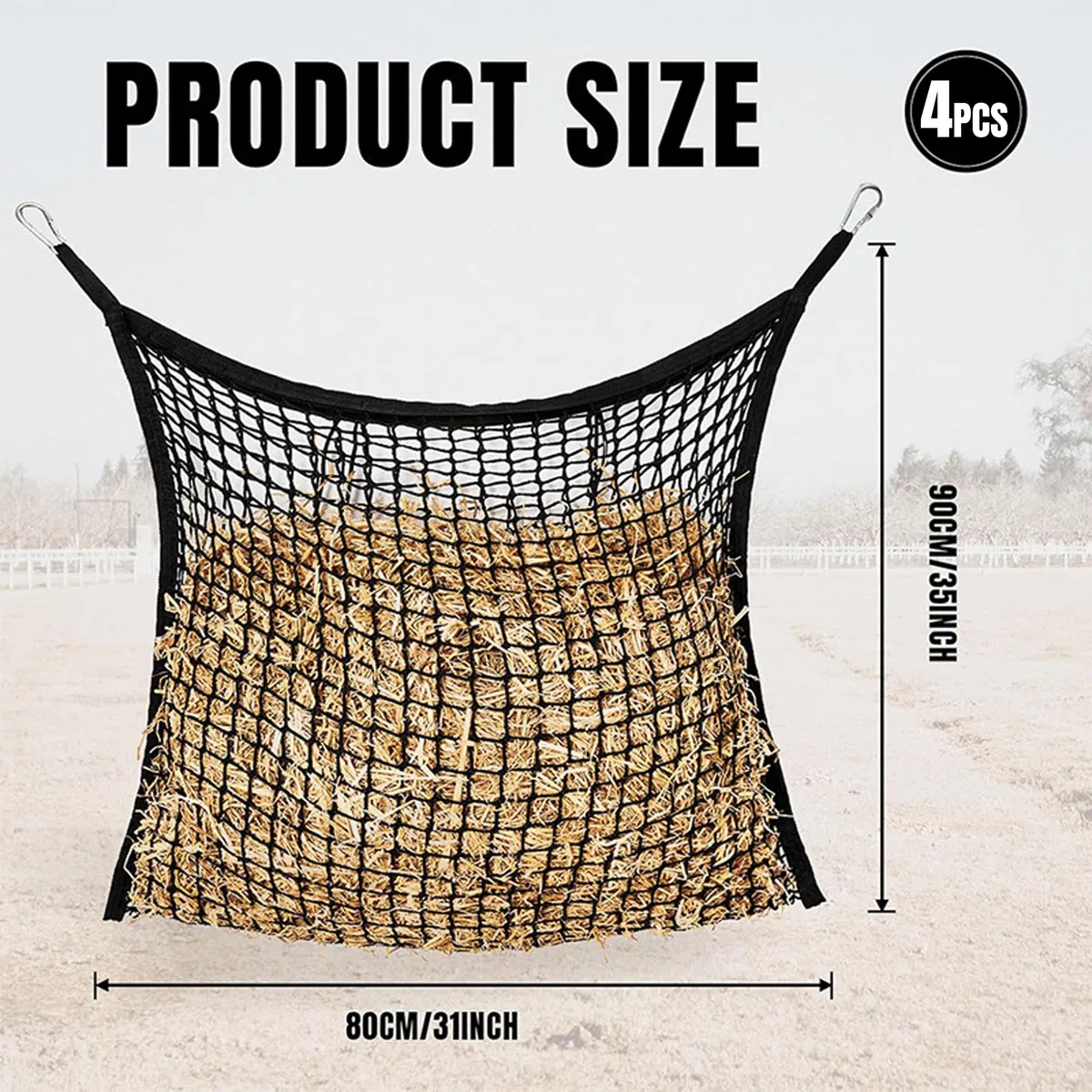 Suministros de riego para alimentación, 4 bolsas de heno para caballos, red de heno de alimentación lenta con 4 mosquetones reforzados, comedero para caballos para cabras, 35, 43 x 31, 50 pulgadas
