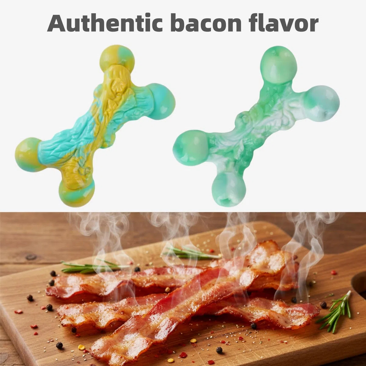 Paquete de 2 juguetes indestructibles para perros masticadores agresivos, huesos de nailon resistentes con sabor a tocino para perros medianos y grandes (2 unidades, tocino, verde)