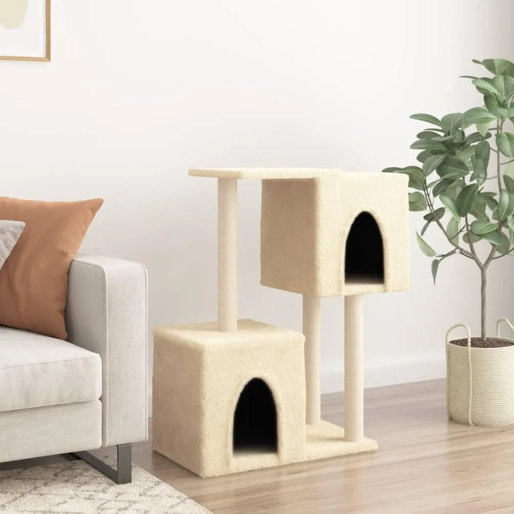 Árbol rascador con columnas de sisal y 2 cuevas, color crema, 86 cm