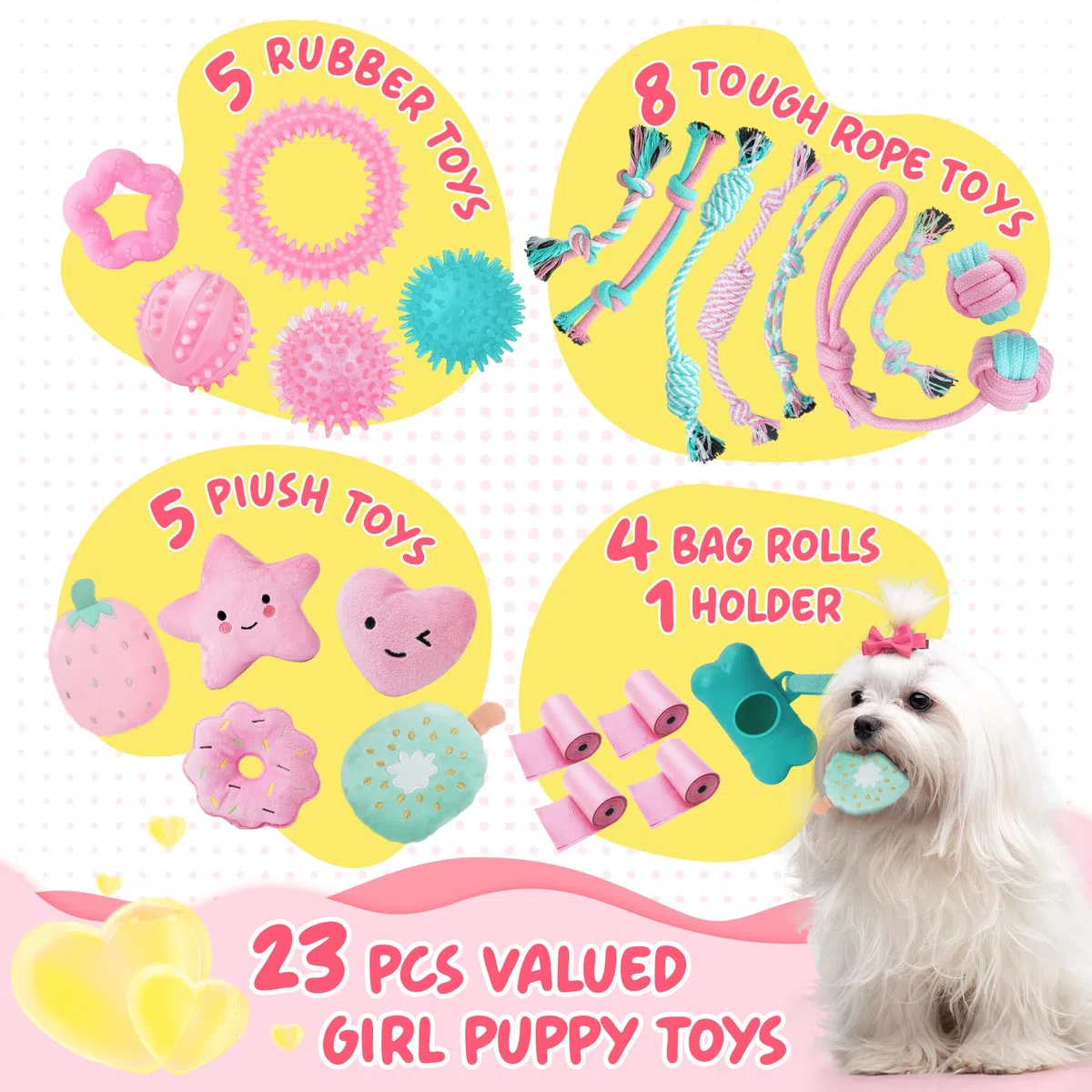 XIUGOAL Juguetes para Cachorros Rosados para aburrimiento, Paquete de 14 Juguetes masticables para Cachorros, Juguetes interactivos para Cachorros, Lindos Juguetes para Perros pequeños con Bola de