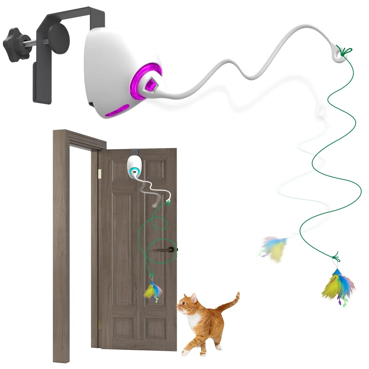 Juguete para gatos con plumas y bolas arrugadas de Mylar para gatos de interior, juguetes de cuerda retráctiles para colgar en la puerta, juguete electrónico para gatos